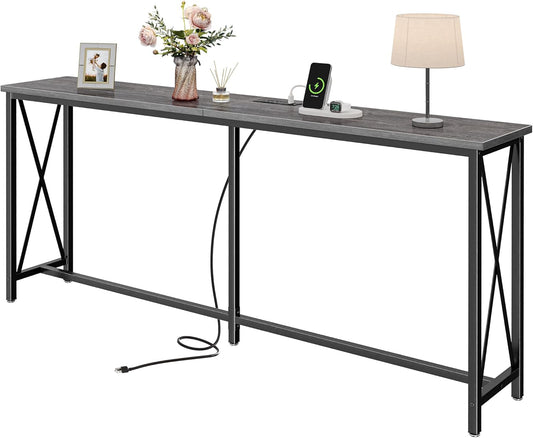 SUPERJARE 70 Inch Console Table with Outlets and USB-C Port, Extra Long Behind Couch Sofa Table with X-Shaped Design, Narrow for Entryway, Living Room, Metal Frame, Wooden Top, Grey