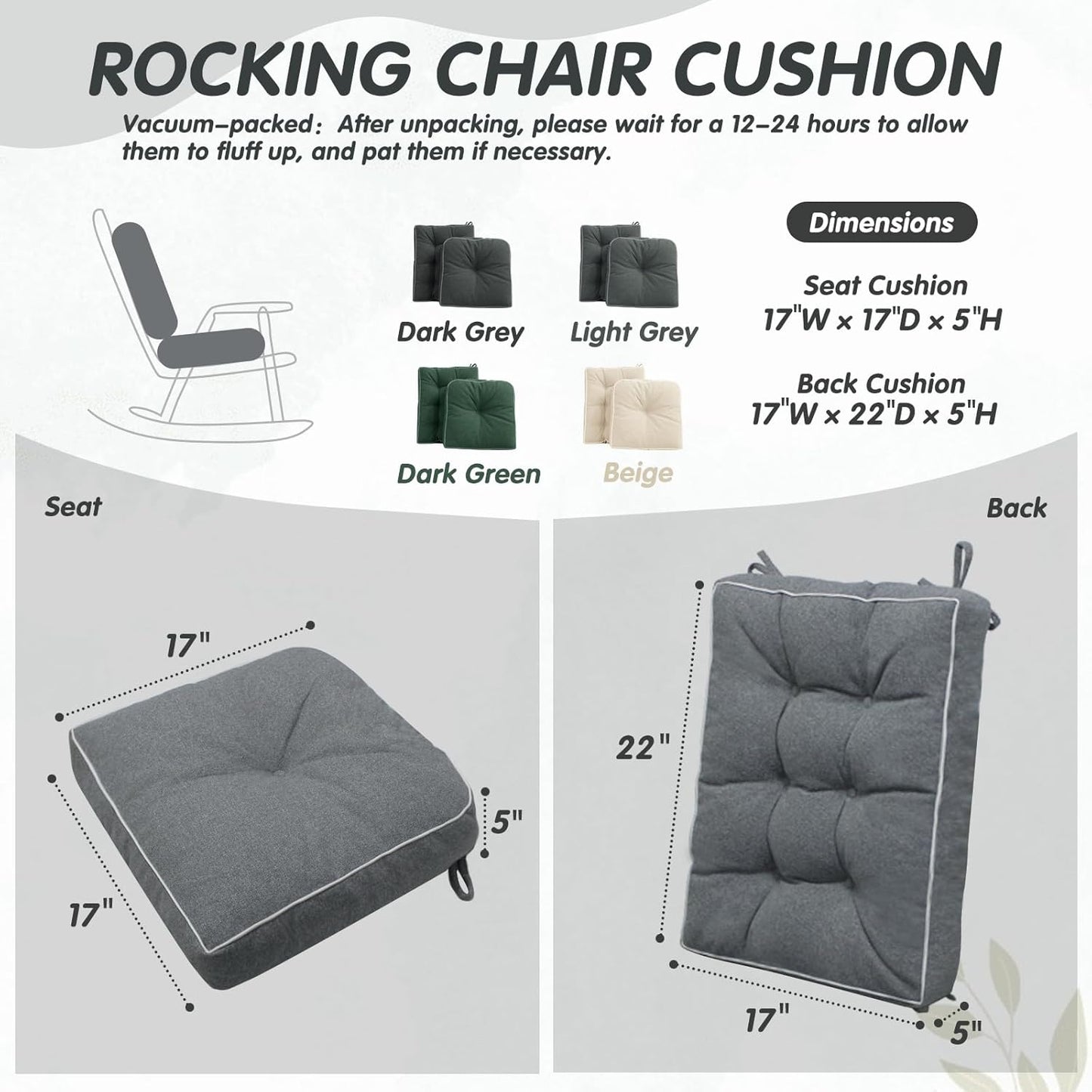 YZ HOME Rocking Chair Cushion, Set of Thicken Seat & Back Chair Cushions with Memory Foam, Non-Slip Chair Pad with Ties for for Indoor&Outdoor Rocker, Light Grey, 22x17x5/17x17x5