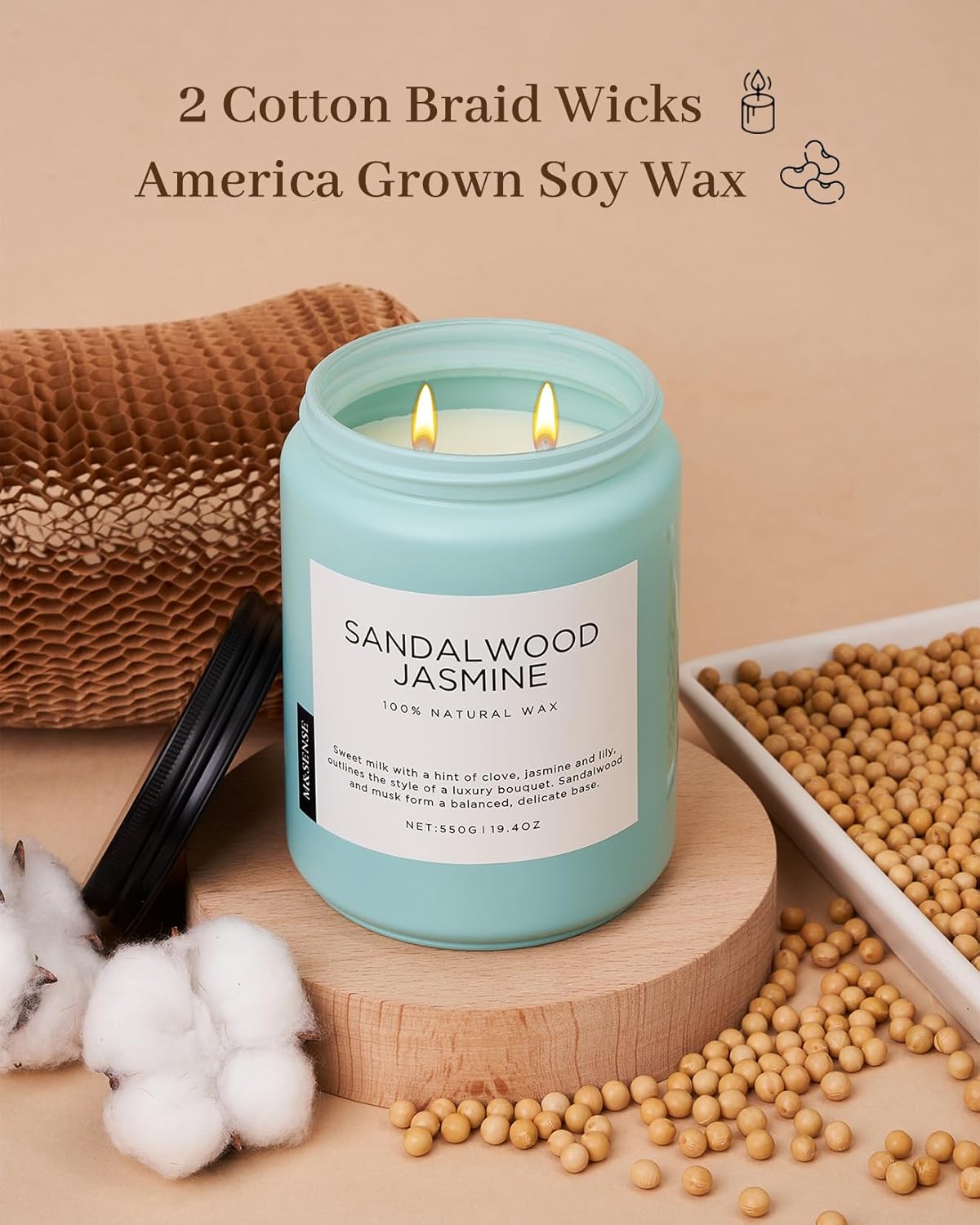 M&SENSE Sandalwood Jasmine Scented Candles, Large Soy Natural Long Lasting 19.4oz 110 Hour Burning Floral Non Toxic Double Wick Aromatherapy Candle Gifts for Women Friend