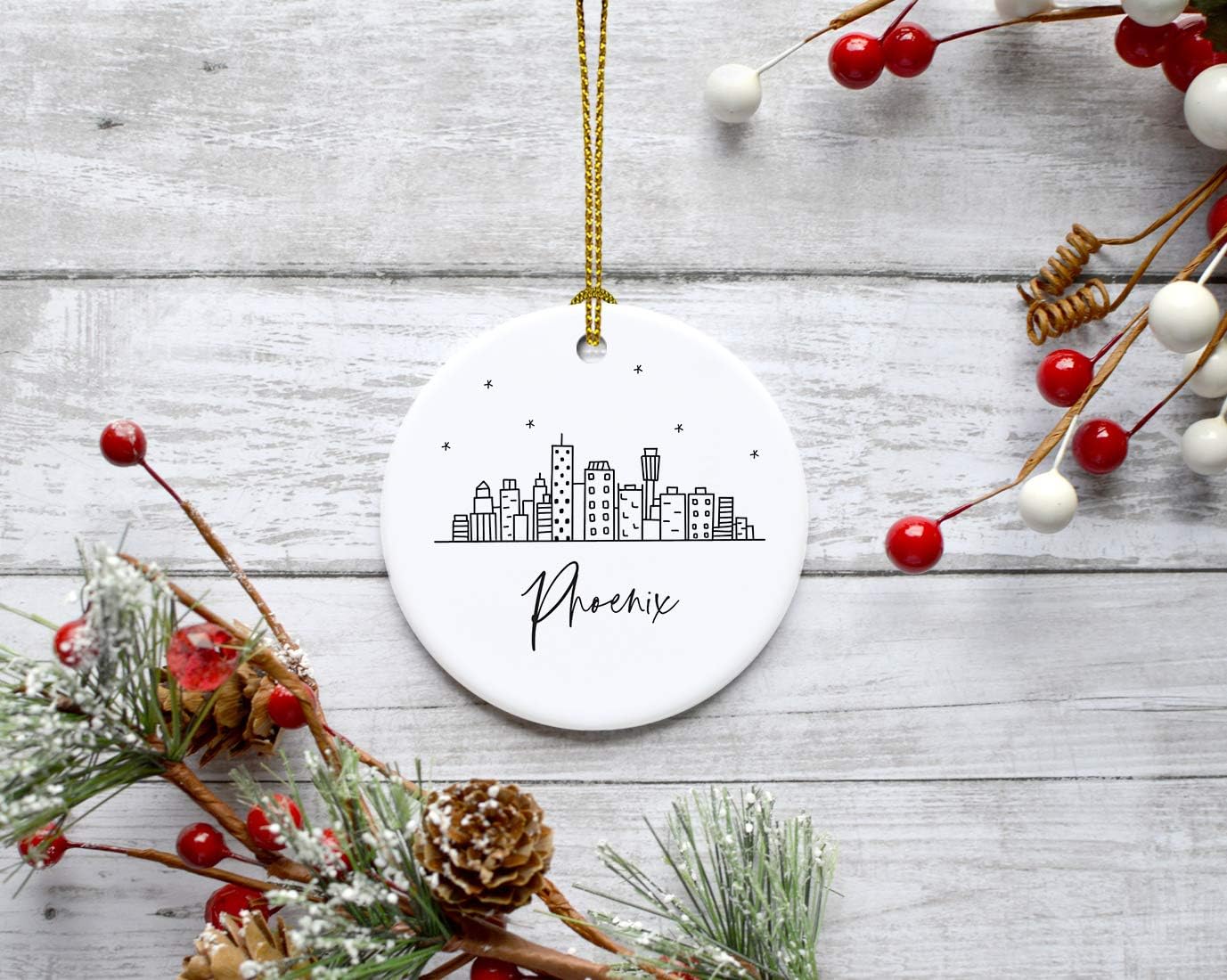 Andaz Press Round Ceramic Porcelain Christmas Tree Ornament Keepsake, Phoenix Black and White Stars City Skyline Graphic, 1-Pack, Birthday Gift Idea for Family Coworker Him Her, Includes Gift Box