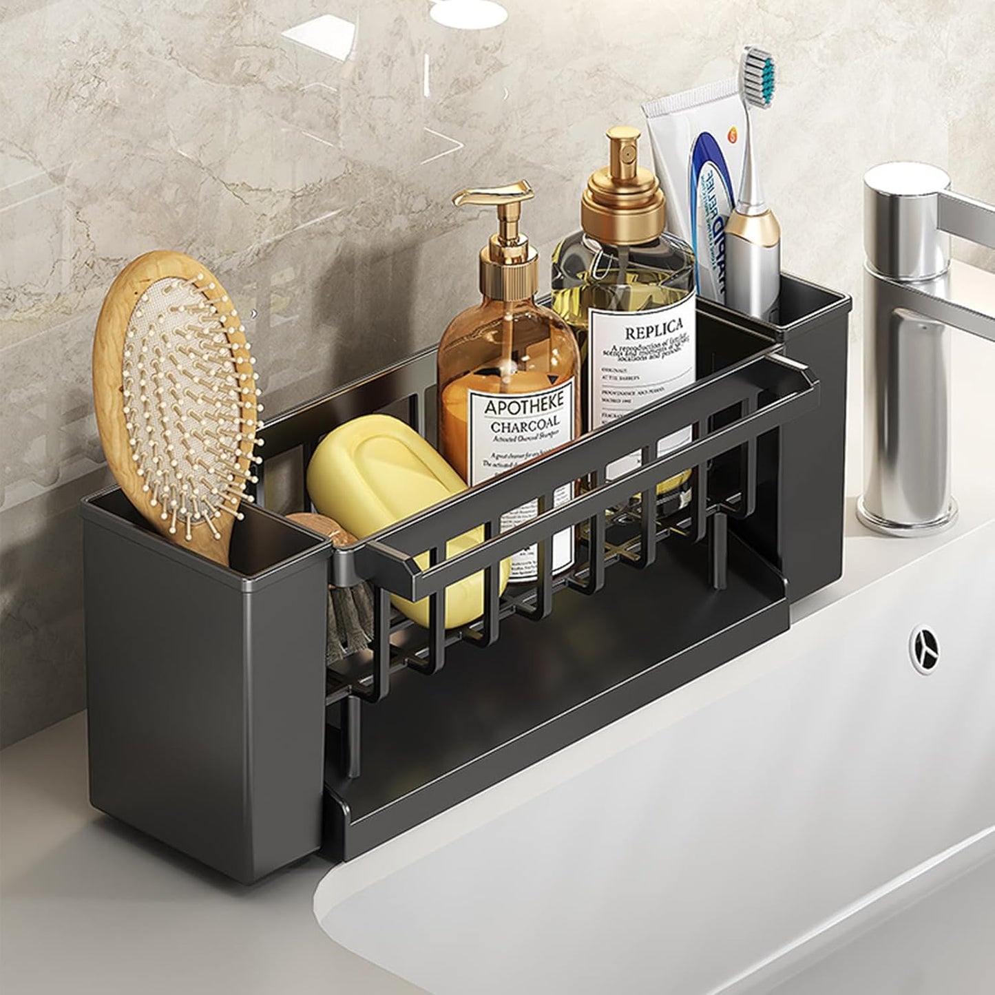 Utensil Holder, 3 Compartments Utensil Drying Rack, Dish Drainer for Kitchen Counter,Kitchen Utensils Holder with Towel Bar,Self-Draining Tray Design(Gray)