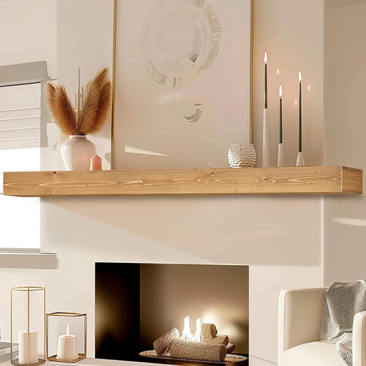 72x8x3 Fireplace Mantel - Handcrafted Hollow Rustic Solid Wood Wall Mounted Floating Shelf with Invisible Heavy Duty Wood Bracket (Natural Wood)