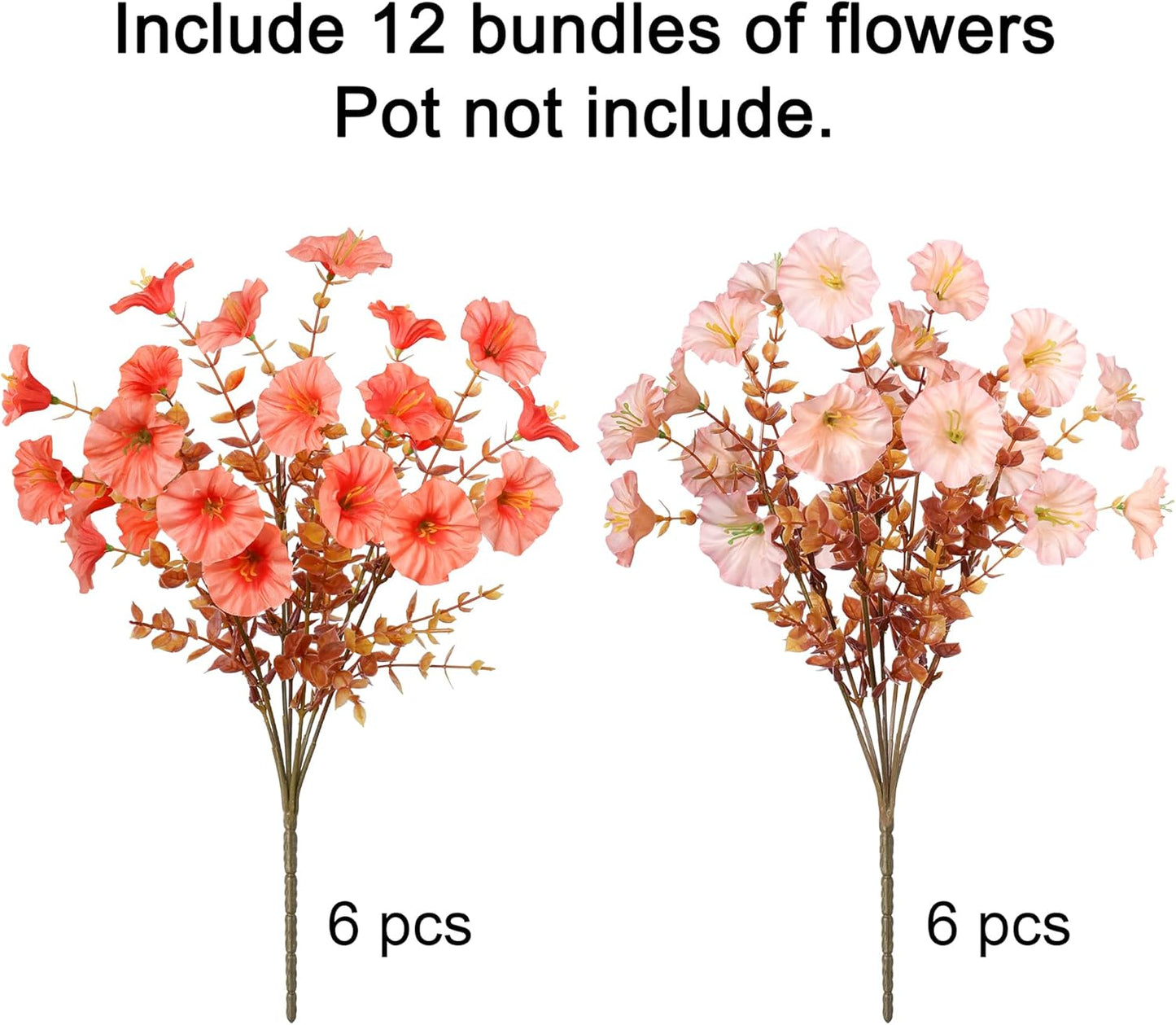 Artificial Mums for Outdoors Fake Fall Flowers Plants for Autumn Decoration, 12 Bundles Silk Morning Glory with Eucalyptus Look Real UV Resistant Faux Mums for Outside Planters Yard Patio Porch, Mix