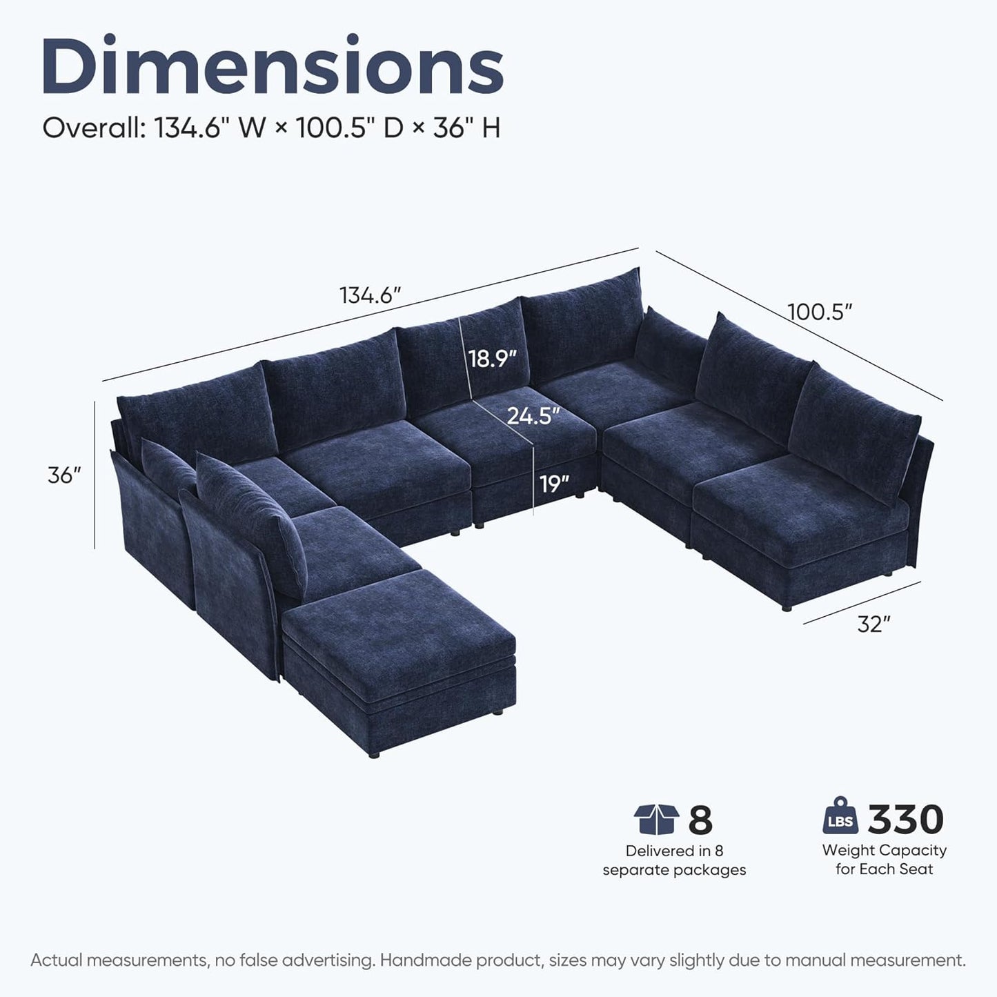 134.6" Modular Sectional Sofa, U Shaped Couch Set for Living Room, Large 8-Seater Comfy Cloud Couches with Movable Storage Ottoman,DIY Combination - Chenille Blue