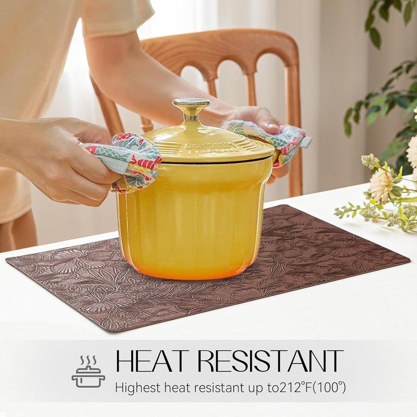 Romanstile Vinyl Placemats Set of 4-12 X 18 Inch - Heat Resistant Non-Slip Embossed Floral Place Mats 100% Waterproof Oilproof Wipeable Faux Leather Table Mats for Kitchen/Dining/Party, Brown