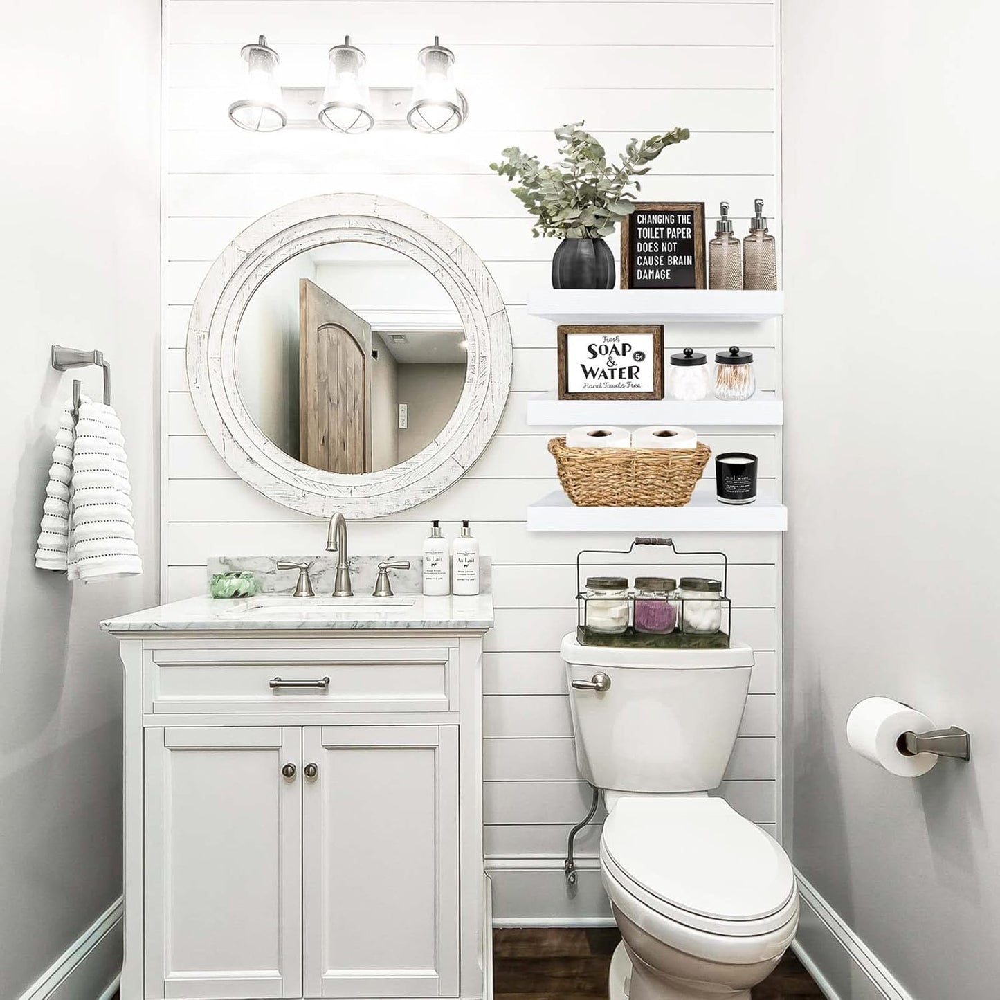 QEEIG Floating Shelves for Wall Bathroom Shelf Bedroom Kitchen Living Room Hanging Book Shelves Small Farmhouse Decor 16 inch Set of 3, White (015-W3)