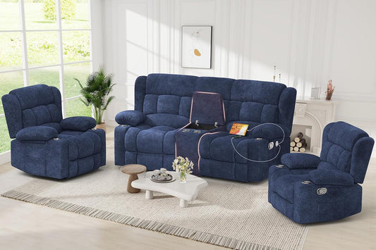 Recliner Sofa Set with 2+1+1 Pieces, Fabric Manual Pull Tab Reclining Loveseat with Storage Console, Single Recliner Chair for Living Room, RV, Blue