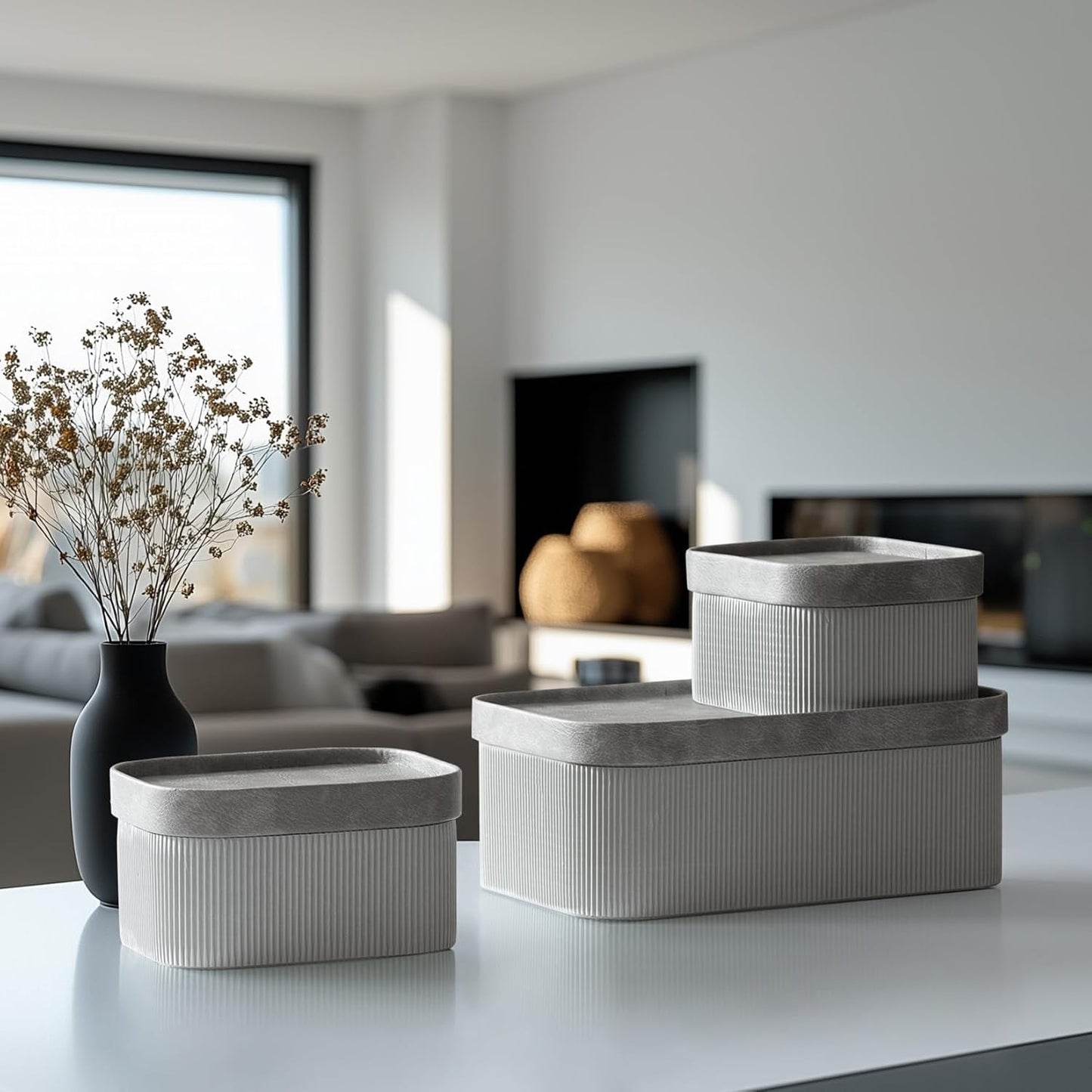 La Jolie Maison Fluted Cardboard Storage Baskets with Vegan Leather Lids, Sturdy Stackable Paper Boxes Decorative Tray, Modern Basket Organizer Bins Bathroom Bedroom Organizing, Storm Grey, Set of 3