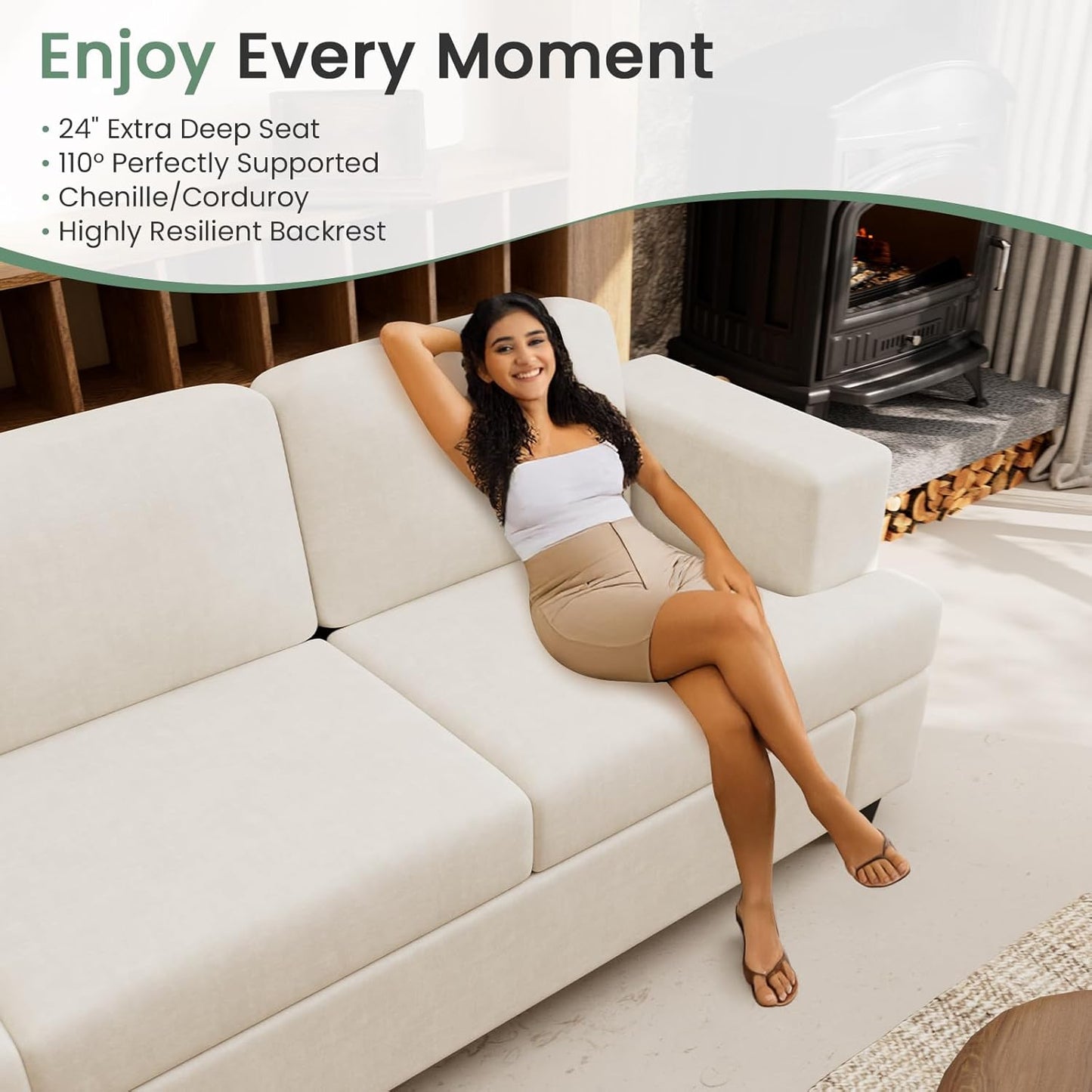 Sofa, 2 Piece Set Comfy Couch, 3 Seater & Loveseat Sofa with Deep Seats, Modern Sleeper Couch for Living Room, Beige Chenille