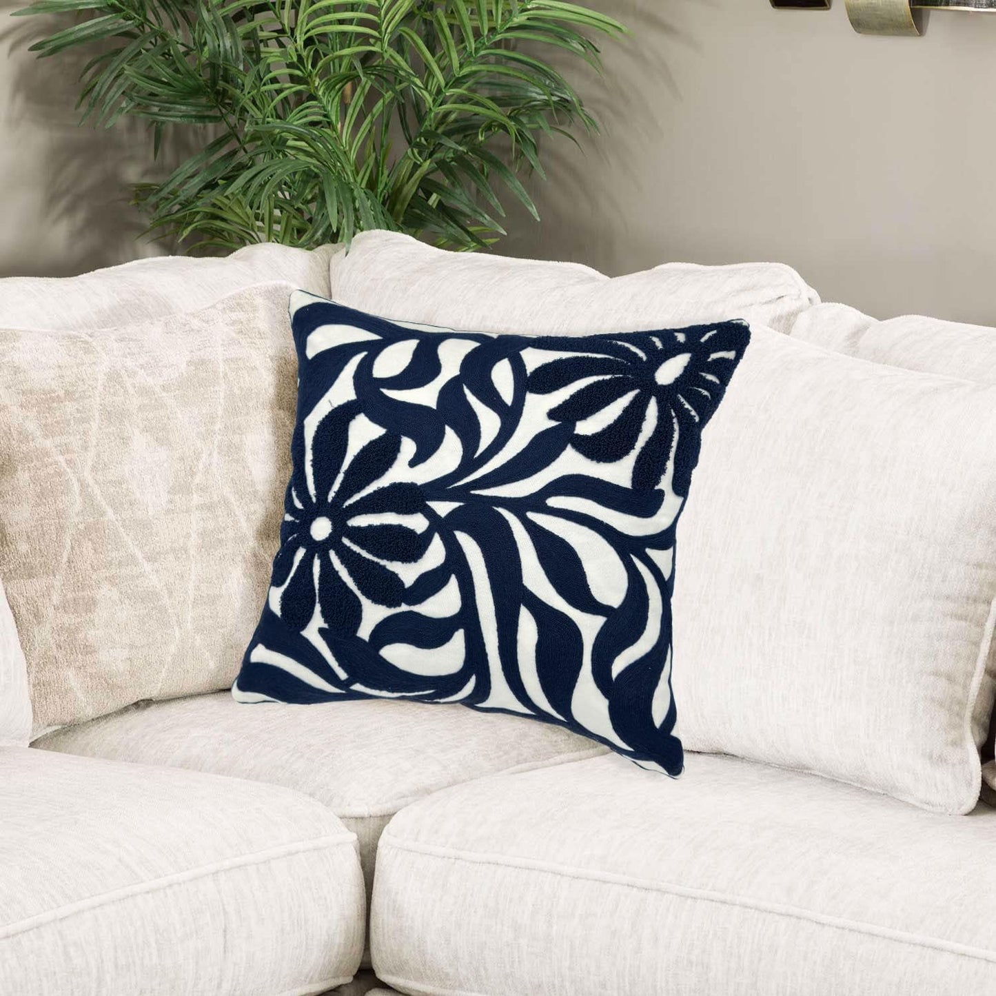 Alysheer Farmhouse Floral Leaves Embroidered Decorative Throw Pillow Cover 18x18 inches, Boho Tufted Flowers Embroidery Pattern Chic Cotton Cushion Case for Couch Bed Sofa Living Room(Navy Blue)