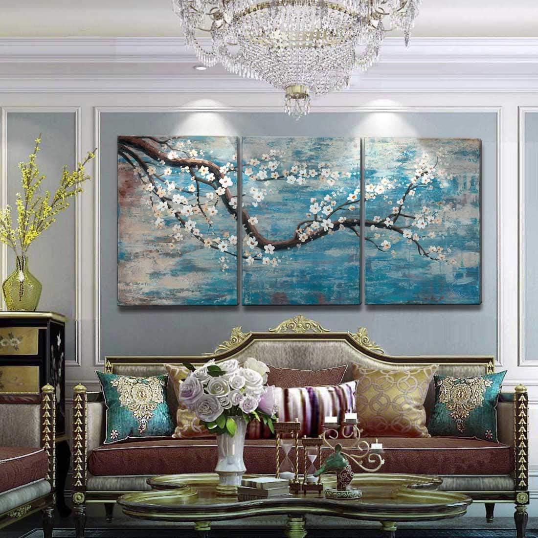amatop Extra Large Wall Art for Living Room 100% Hand-Painted Framed Decorative Plum Floral Oil Painting Set Decorative Modern Blue Tree Artwork Ready to Hang