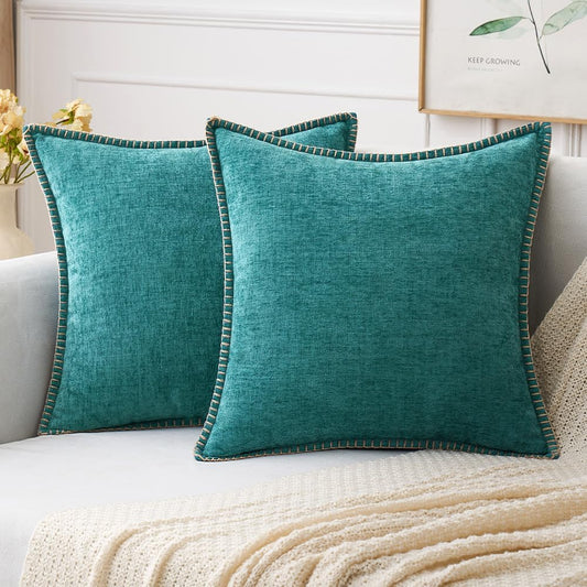 MIULEE Pack of 2 Couch Throw Pillow Covers 18x18 Inch Coastal Teal Farmhouse Decorative Pillow Covers with Stitched Edge Soft Chenille Solid Dyed Spring Pillow Covers for Sofa Bed Living Room