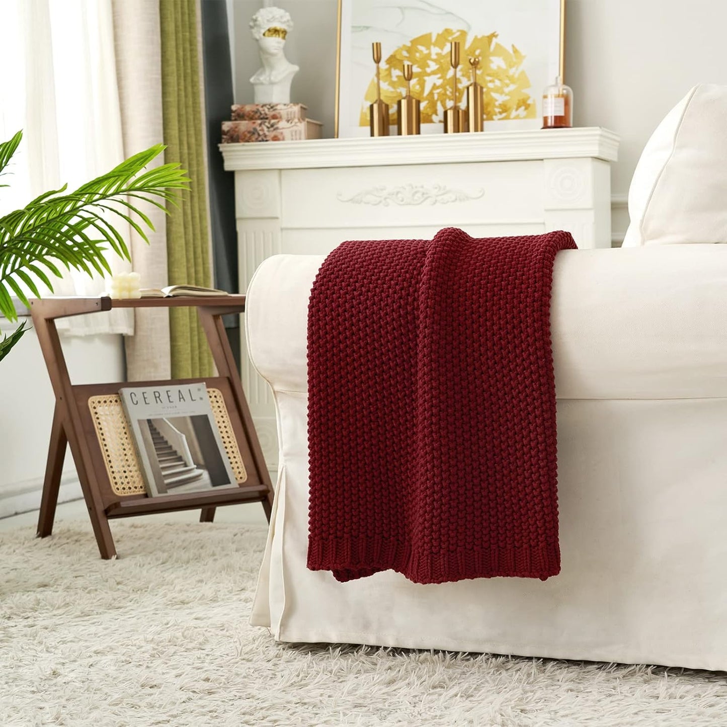 Longhui bedding Chunky Cable Knit Throw Blanket Lightweight Burgundy 100% Organic Cotton Blanket for Sofa Couch Bed Baby Nursery, Rustic Shabby Chic Modern Farmhouse, 51” x 63” Give Laundering Bag
