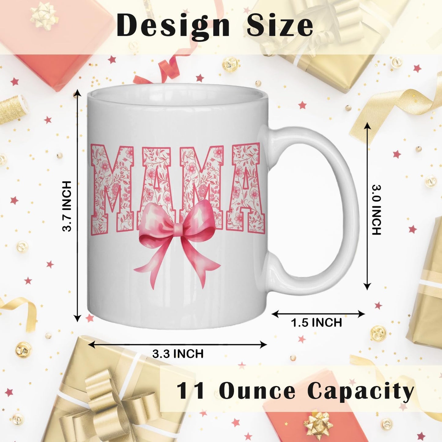 JINYO Coquette Pink Bow Floral Mama Mug, Mama Coffee Cup, Mother's Day Mugs Cups for Mom, Mom Birthday Gifts from Daughter Son, Ceramic Coffee Tea Mug 11 oz