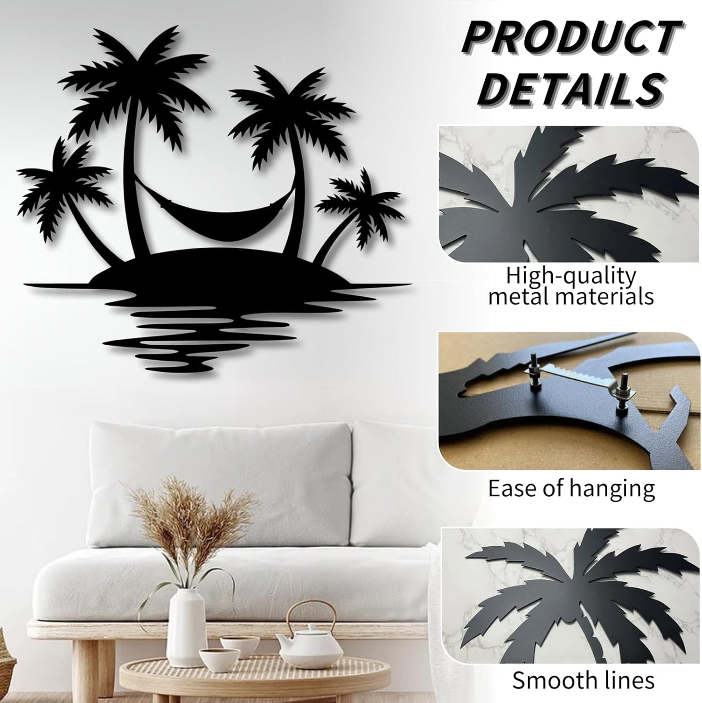 Palm Tree Metal Wall Decor,Palm Tree Outdoor Wall Art,Tropical Palm Tree Wall Decorations for Living Room,Outdoor Wall Decorations for House(39"×35",White)
