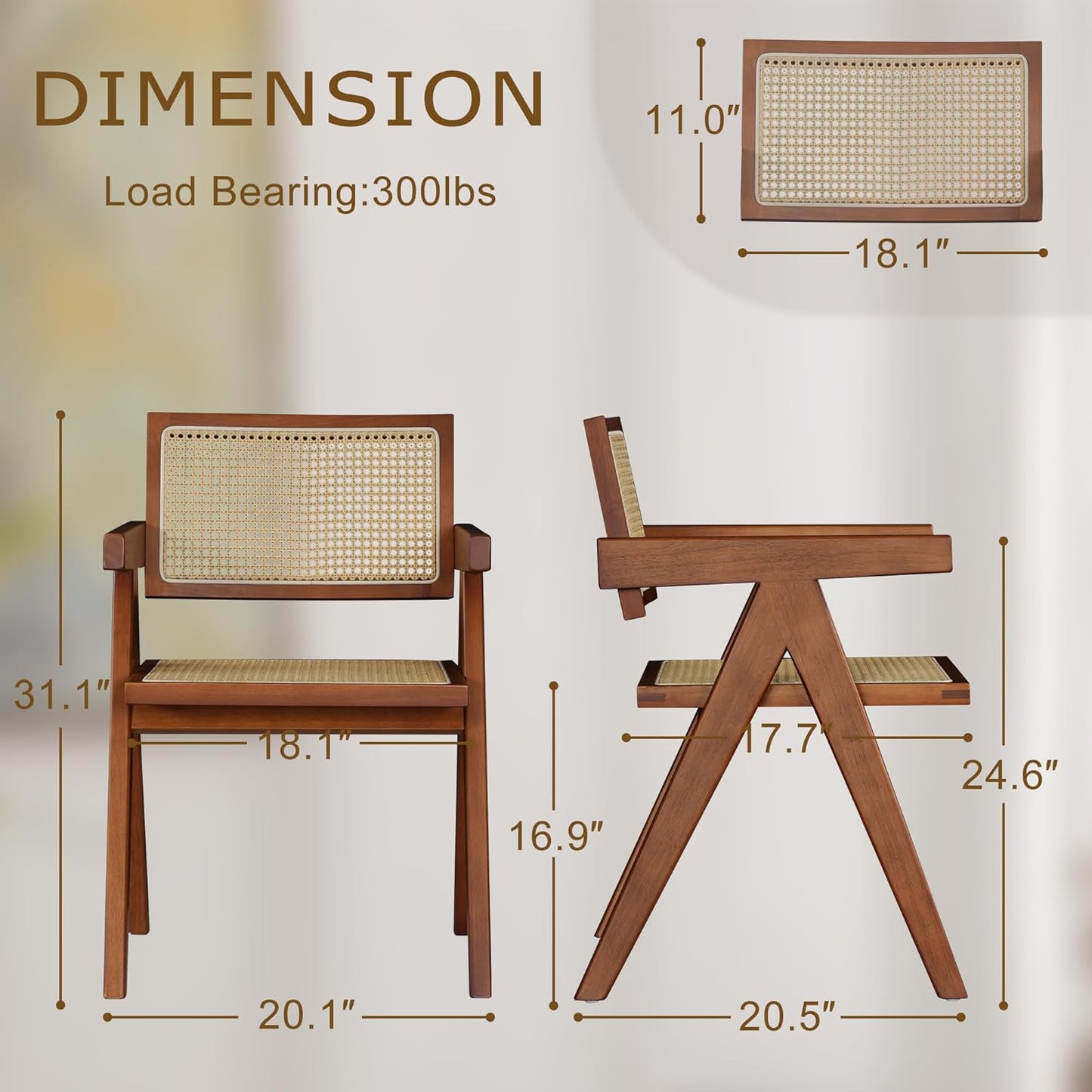 Rattan Walnut Mid Century Modern Dining Chairs Set of 6, Comfy Armchairs with Cane Back, Outdoor Kitchen Chairs for Multiple Rooms