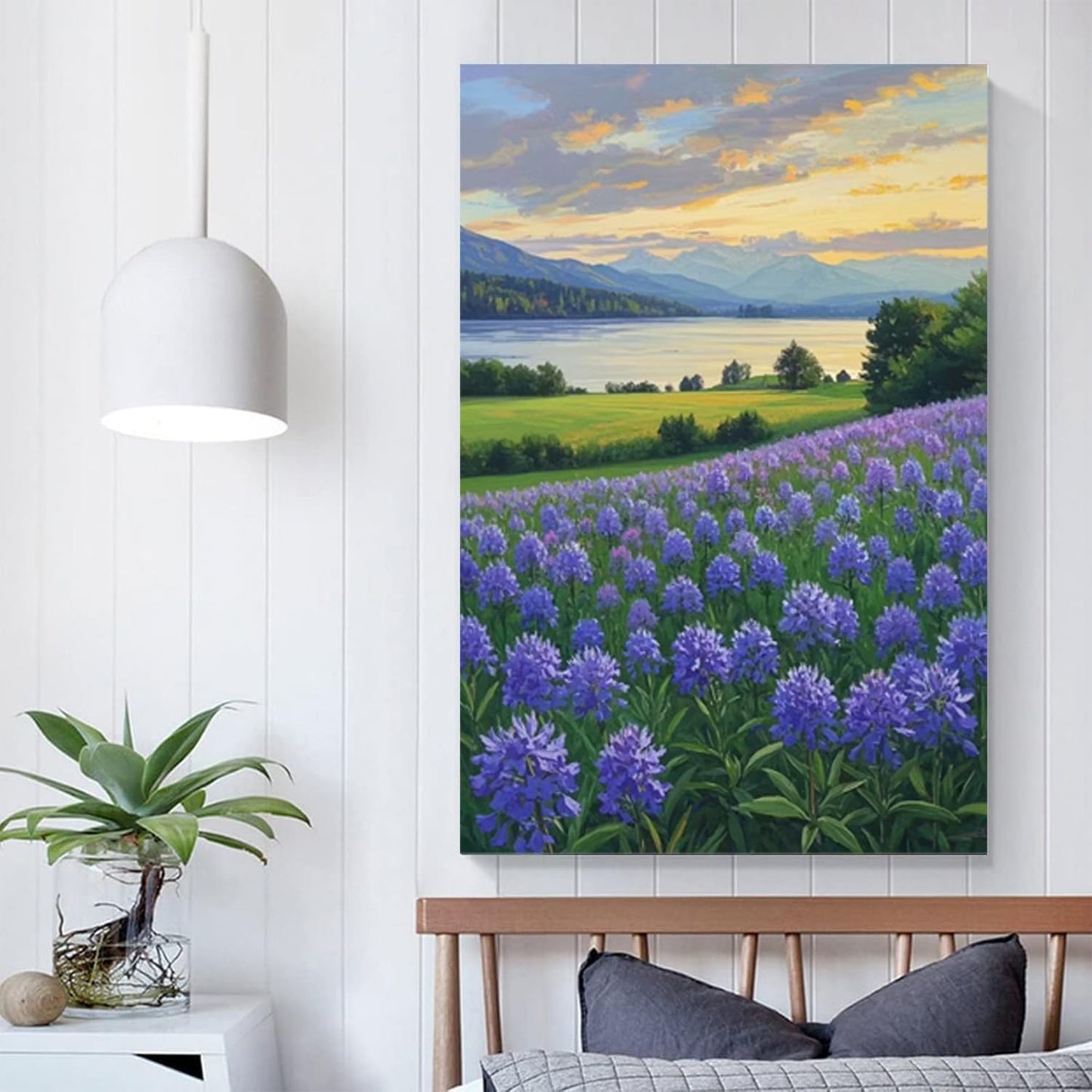 The lavender scenery all over the lake at sunset is suitable for posting in the living room bedroom office landscape poster wall painting