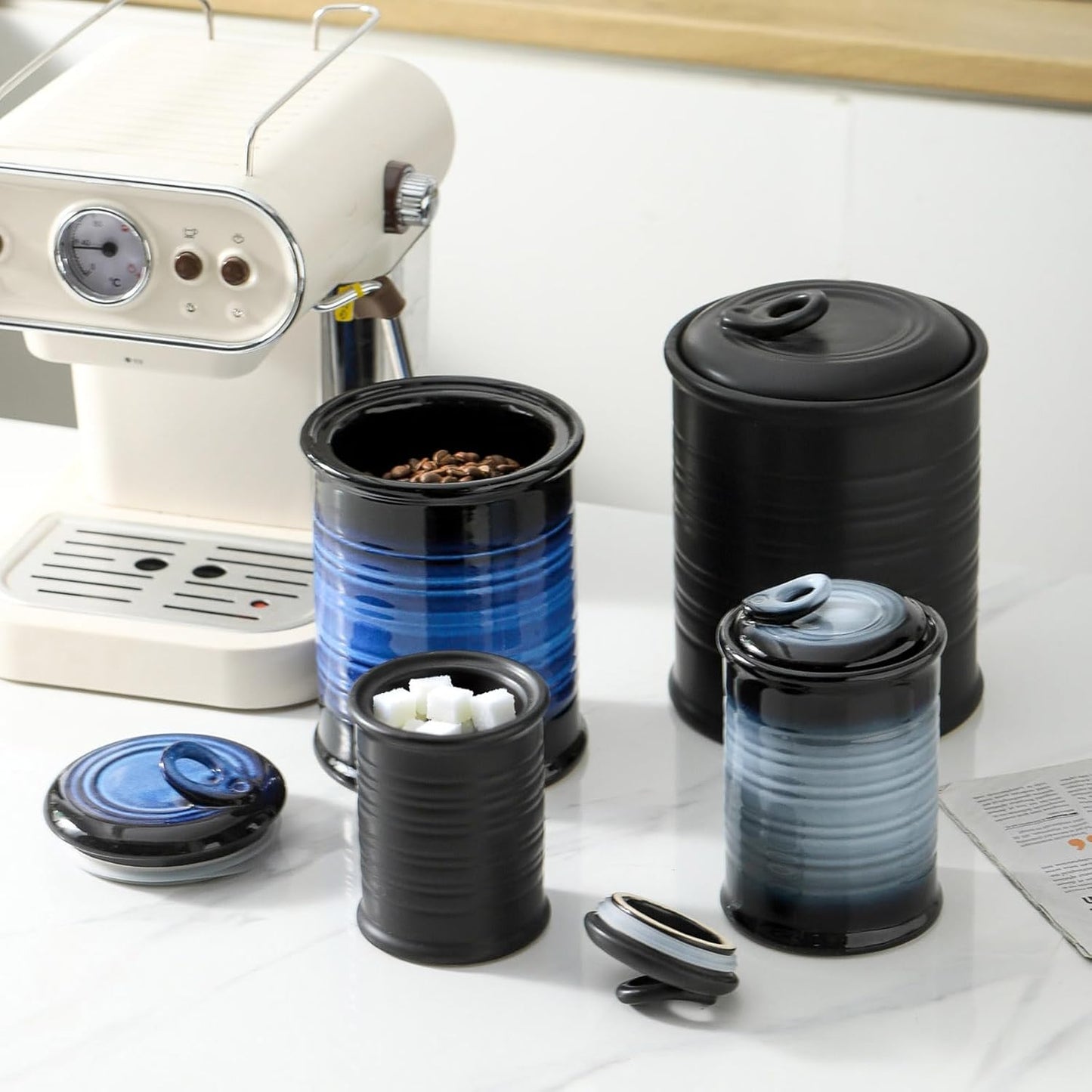 Nihow Food Storage Jar Sets: Ceramic Container with Air Tight Lid for Flour/Sugar/Rice/Coffee/Cookies/Candy - Seal Damp-proof Canister for The Kitchen Counter - Set of 4 （Matte Black）