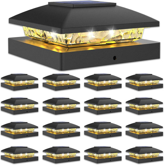 VOLISUN 4x4 Solar Post Cap Light 16pack,Solar Fence - Post Lights Outdoor Waterproof for Wooden/Vinyl Post, White Deck Post Cap Light Solar Powered with Warm White for Garden/Patio/Porch, Black