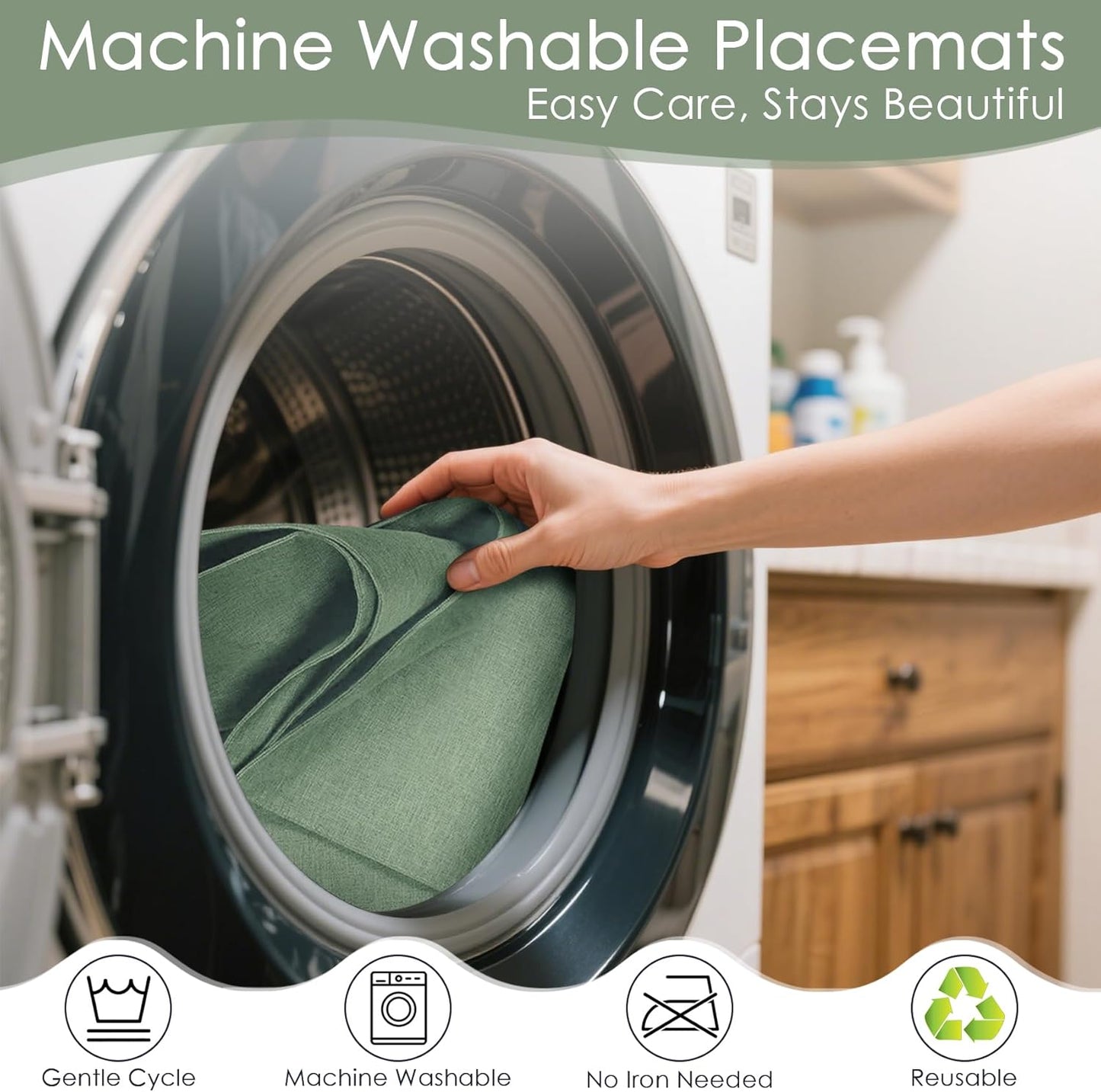 MANSPHIL Sage Green Cloth Placemats Set of 4, Washable Thick Faux Linen Place Mats Heat Resistant Double Layer Table Mats for Dining Kitchen Indoor Outdoor Use - 13x19 Inch