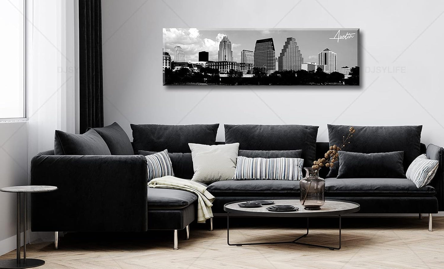 Austin Skyline Wall Art Black and White City Building for Living Room Cityscape Canvas Print Modern Home Decor Artwork Framed 14x48 Inch 1 Panels Panorama Pictures Landscape Poster Decoration