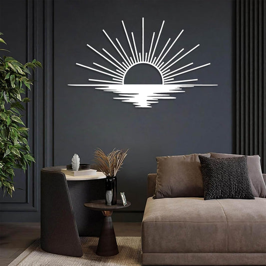 Sunrise Metal Wall Art, Metal Sun Wall Decor, Sun Outdoor Wall Art, Abstract Sunrise Wall Decor, Boho Home Hanging, Living Room Wall Hanging (White, 53"x32"/135x81cm)