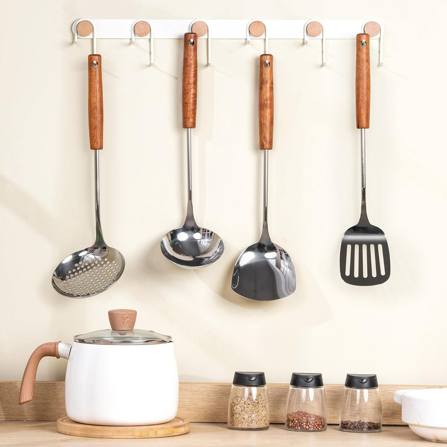 FJNATINH Stainless Steel Wok Tools Set,Wok Utensil - Wok Spatula,Turner,Ladle,Skimmer Tool Set,Mirror Polished Stainless Steel Cooking Utensils 14.6-15.2" Kitchen Utensils Cookware, Pack of 4