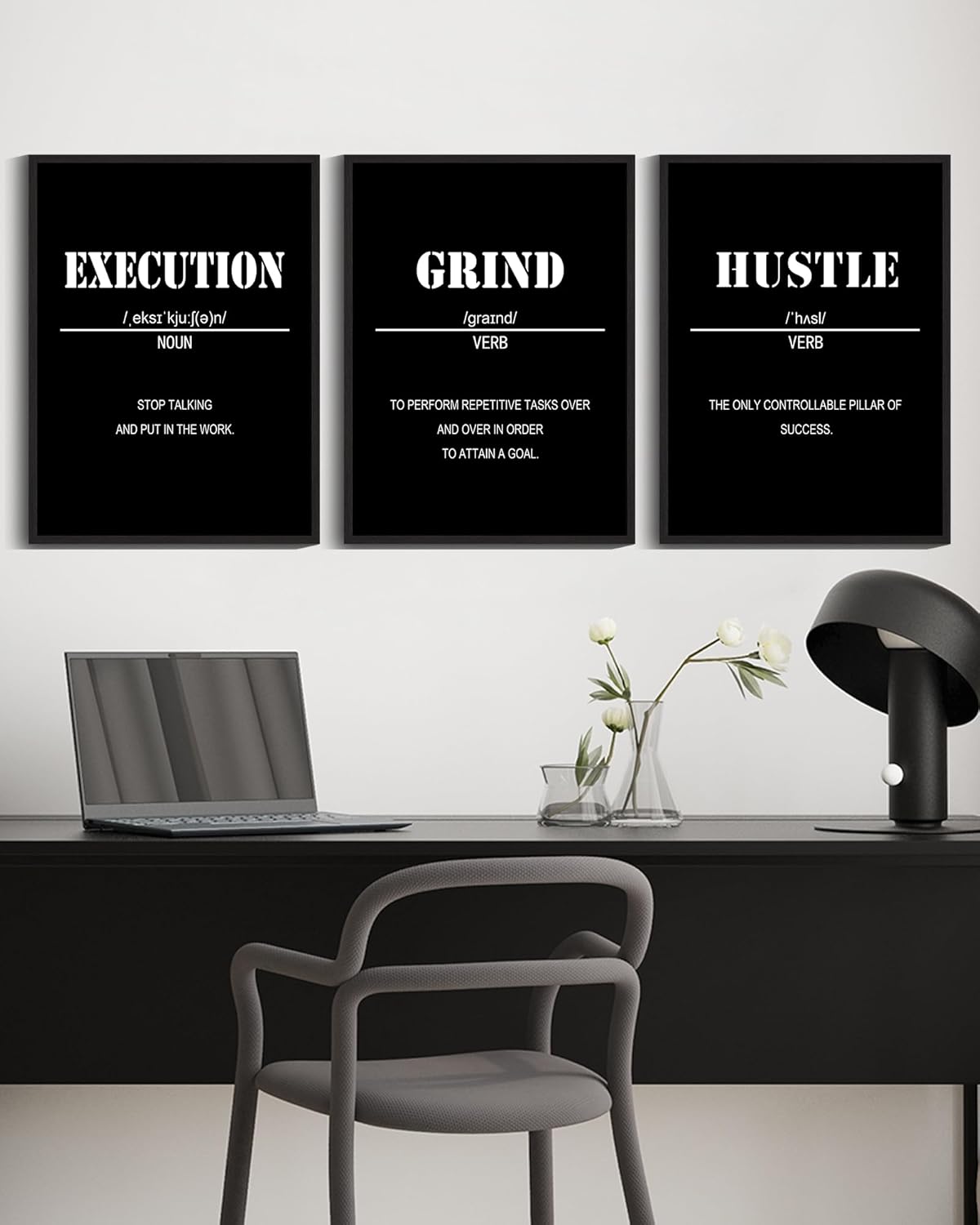 Drsoum Inspirational Office Framed Wall Art Motivational Grind Hustle Success Canvas Wall Decor Encouraging Quotes Sayings Paintings 3 Pieces Artwork Home Bedroom Easy to Hang 12x16in (Black Framed)