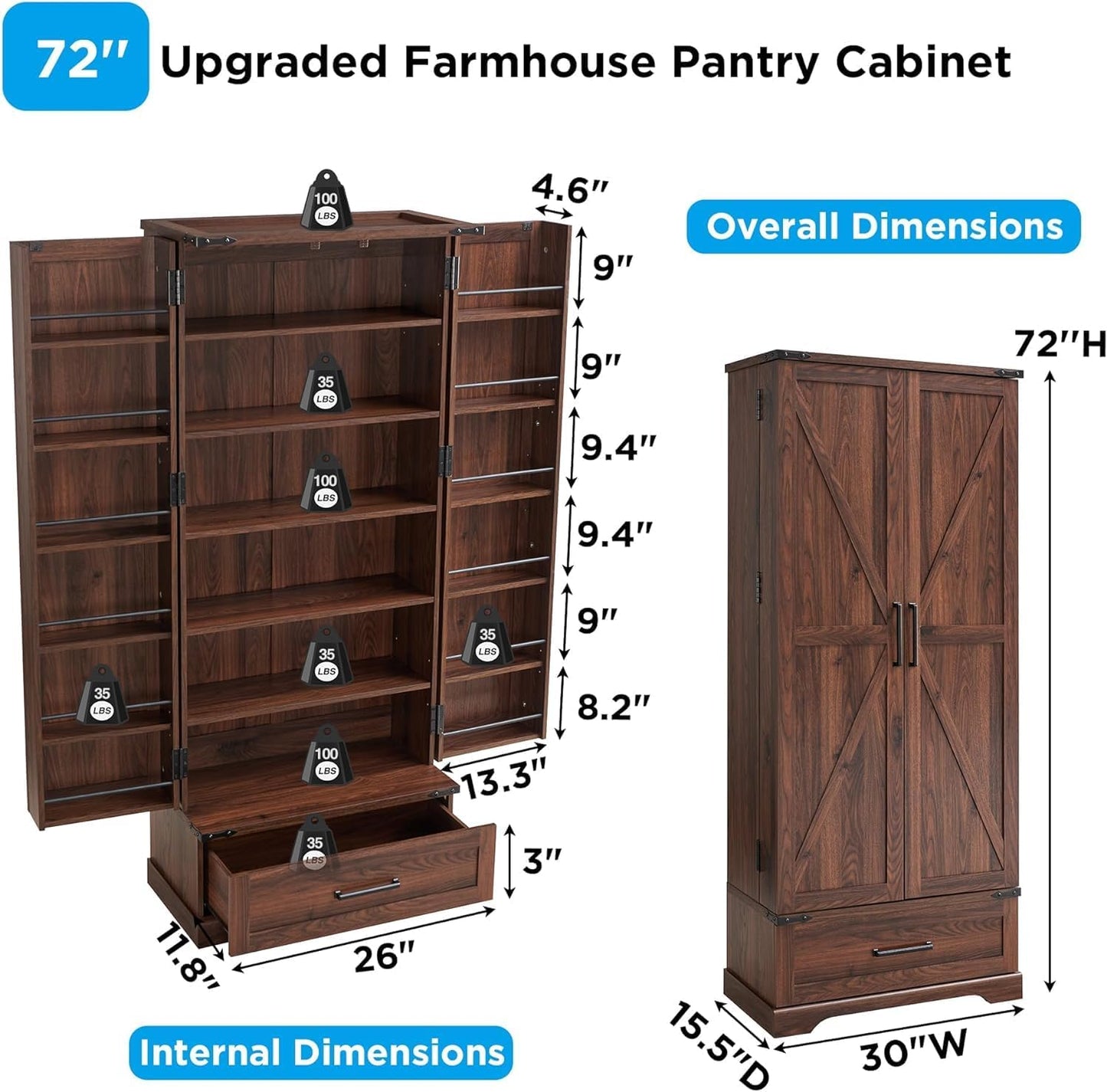 72‘’ Farmhouse Kitchen Pantry Cabinet with Drawer, Tall Storage Cabinet with 2 Barn Doors and Shelves, Versatile Large Rustic for Dining Room, Bathroom, Living Room, Laudry, Brown