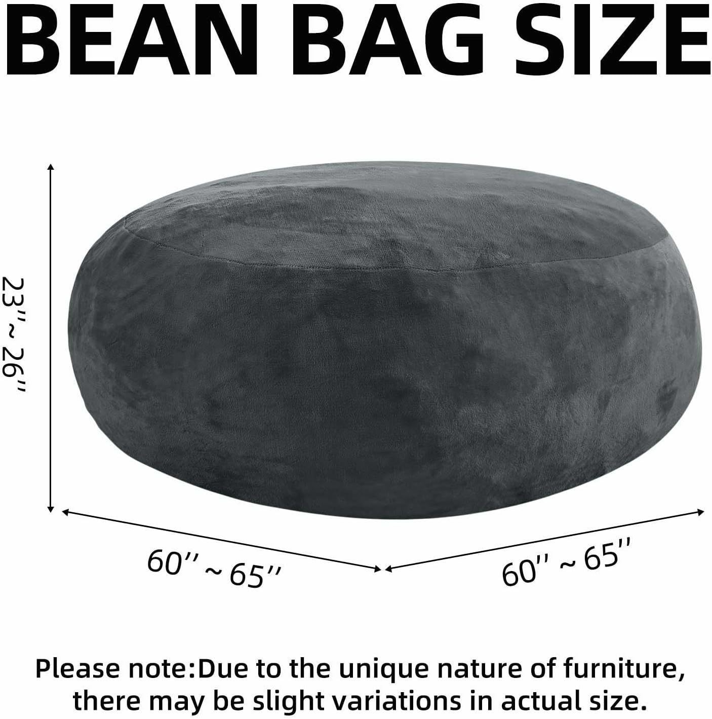 Bean Bag Chair 5Ft, Memory Foam Filled, Large Beanbag Chairs for Adults and Teens, Soft Sofa with Removable Flannel Cover, Round Couch for Living Room Bedroom College Dorm (Dark Gray, 5FT-60×60"×24")