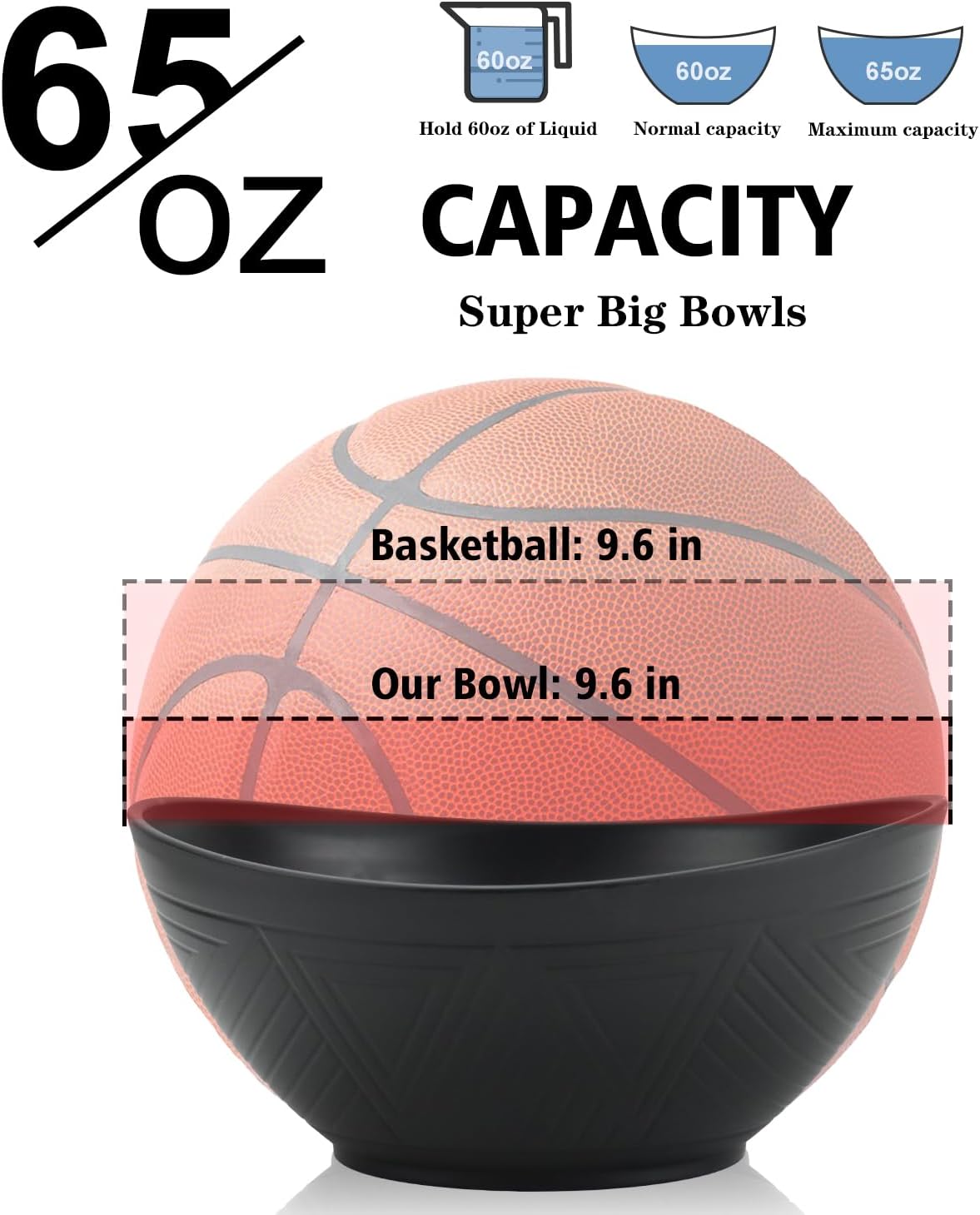 65oz Big Wheat Straw Bowls - Large Salad Bowls set of 6 - Unbreakable Serving Bowls - Microwave & Dishwasher Safe - Oval Bowls for Cereal,Salad,Fruit - Pure Black