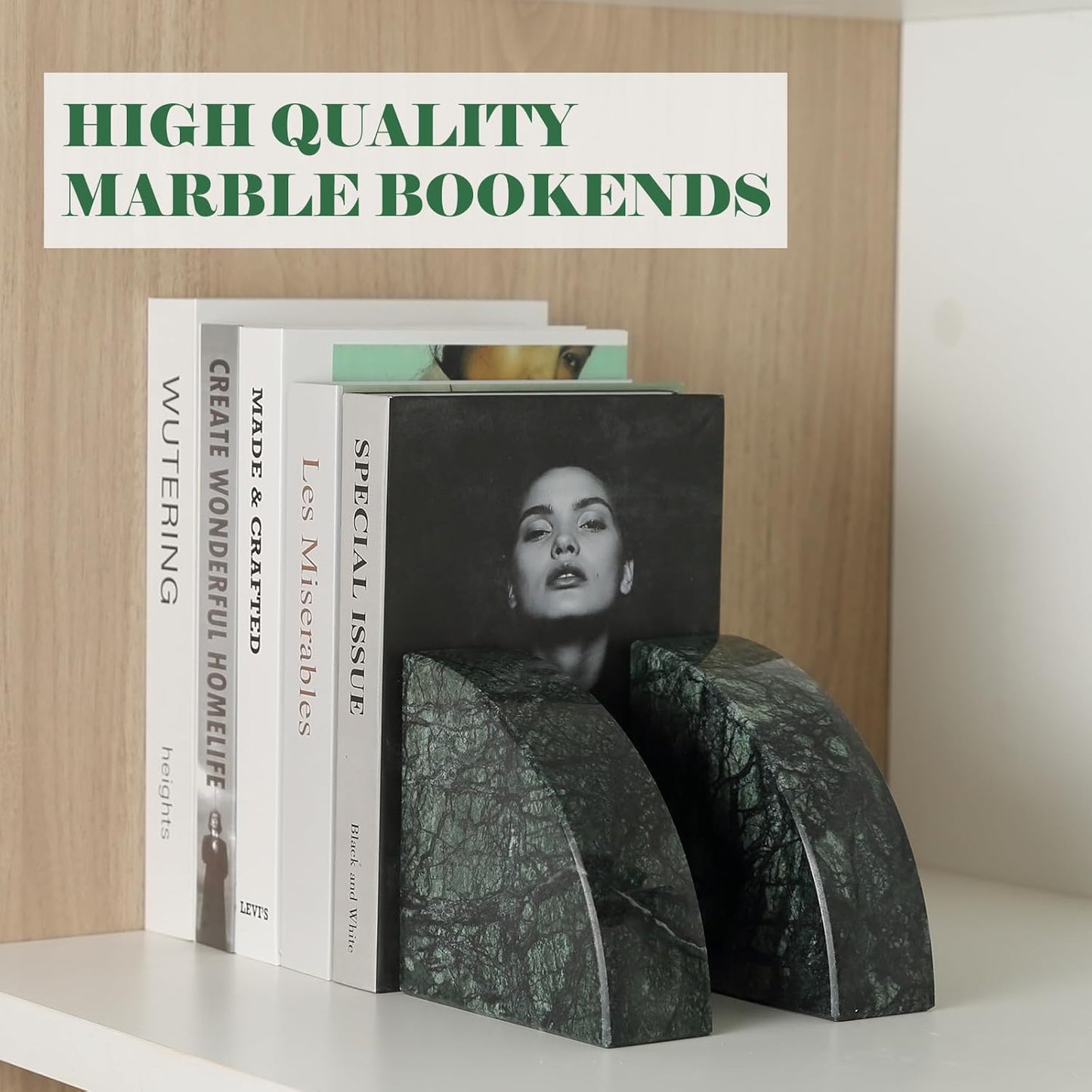 Marble Bookend for Shelves, Non-Skid Bookends for Heavy Books, Heavy Duty Book Stopper for CDs, Luxury Book Shelf Holder, Quarter Circle Design Book Ends Decorative, Indian Green, Set of 2