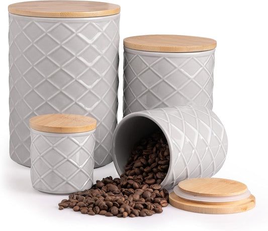 Sweejar Ceramic Canisters Sets for Kitchen Countertop, Relief Food Storage Jar with Bamboo Lid, Stackable Container for Flour, Coffee, Pasta, Cereal, Tea, Cookies, Sugar, Spices, Pack of 4 (Gray)