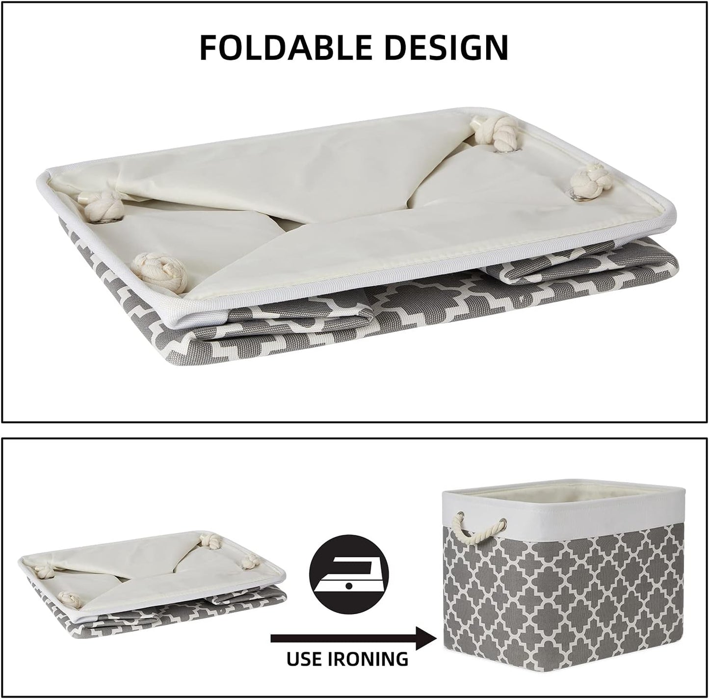 Bidtakay Large Fabric Storage Basket Set of 2 Collapsible Rectangle Basket for Shelves 16" X 11.8" X 11.8" Decorative Organizer Bins for Clothes Toys(White&Quatrefoil Grey)