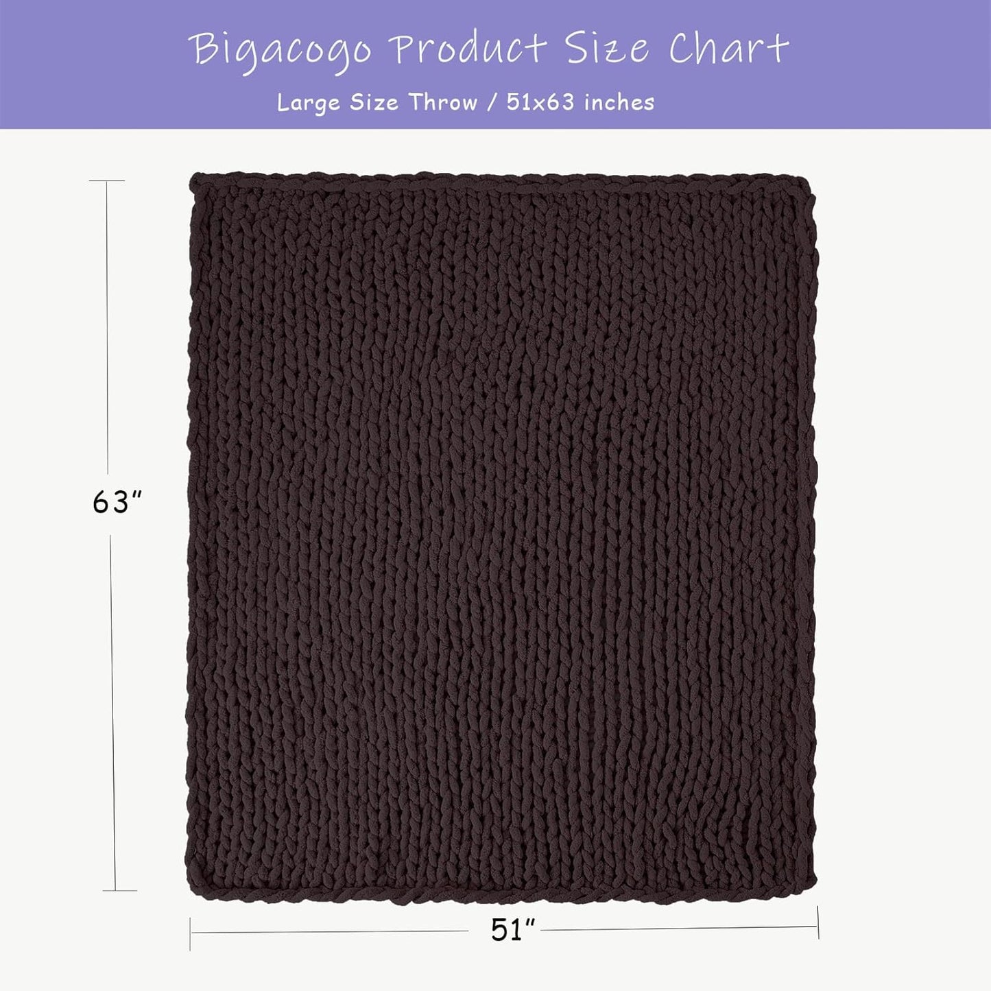 Bigacogo Chunky Knit Throw Blanket for Couch, 51x63 inches, 100% Hand Knitted with Thick Jumbo Chenille Yarn, Cozy Soft Large Rope Knot Cable Crochet Blankets for Sofa Bed Living Room, Chocolate