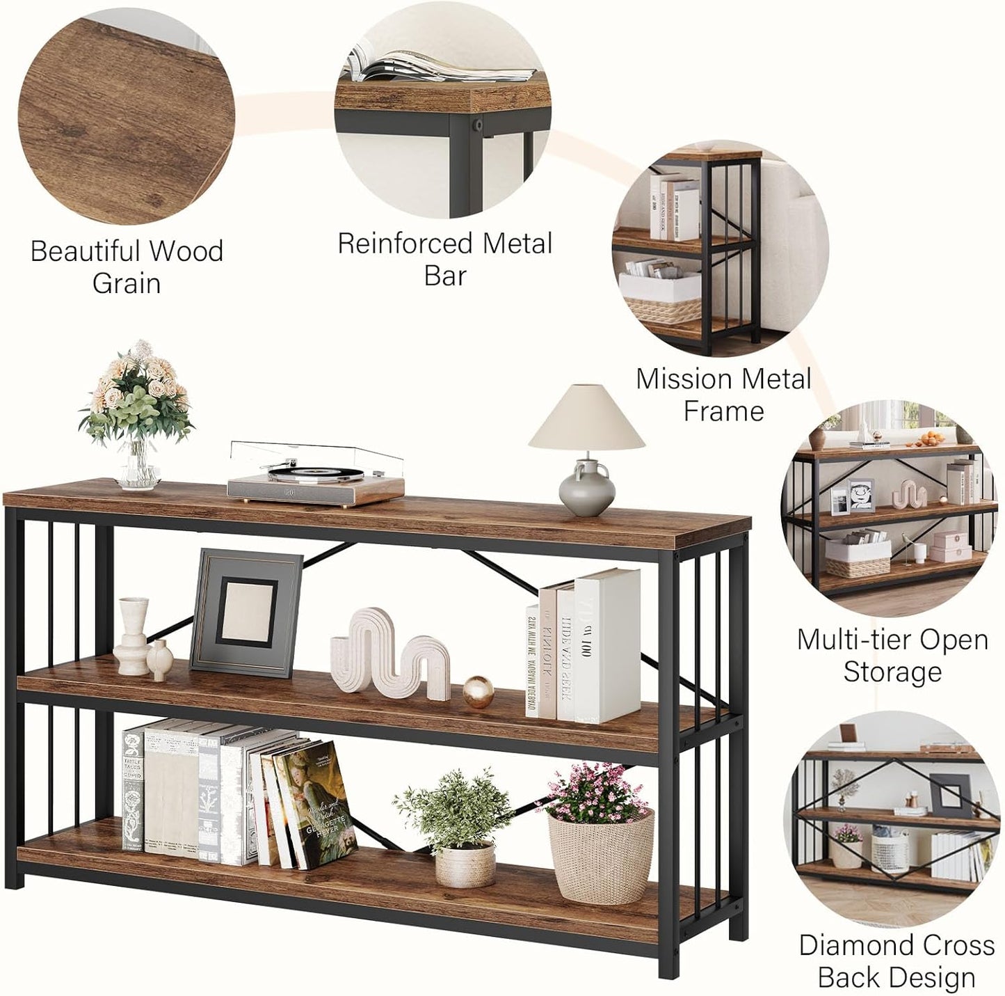 LVB Industrial Console Entryway Table, Metal Wood Rustic Sofa Table with Storage, Farmhouse 3 Tier Shelf Long Hallway Foyer Entry Tables Behind Couch for Home Living Room Entryway, Rustic Brown, 55 In