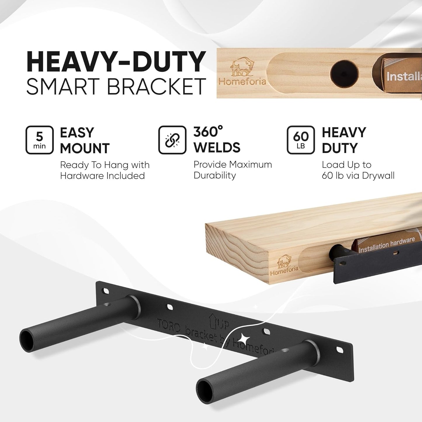 Homeforia 16 inch Black Floating Shelves, High End Solid Real Wood 16inch Bathroom Floating Shelves for Wall Mounted, 16in Wooden Small Floating Shelf, Heavy Duty Bracket, 16 X 6.5 X 1.75 in, Set of 2