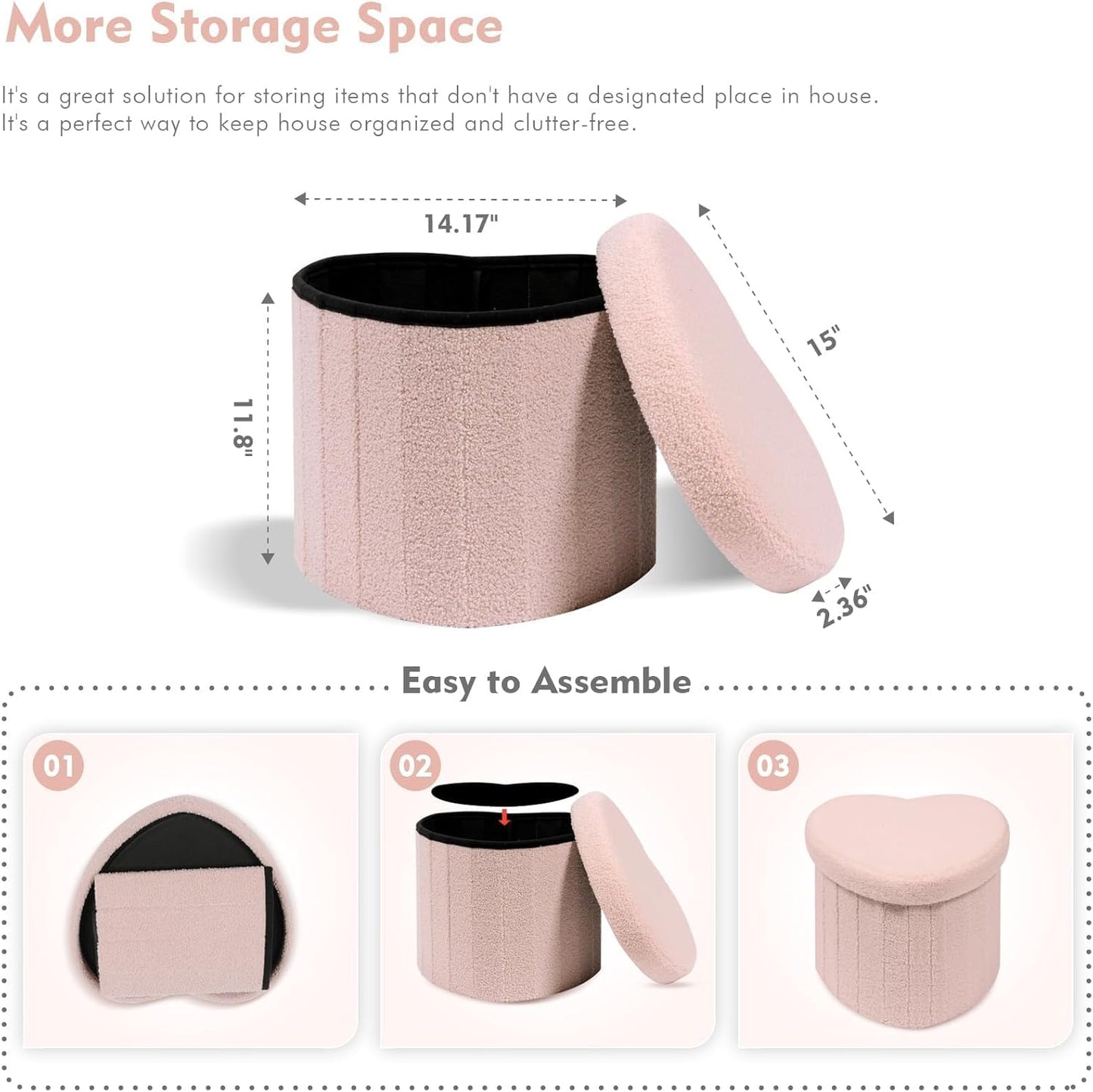 B FSOBEIIALEO Storage Ottoman Cube, Heart Shaped Ottomans with Storage Foot Stool Footrest for Lving Room, Boucle Ottoman Seat for Dorm Room,Faux Teddy Fur, Pink 15"x15"x15"