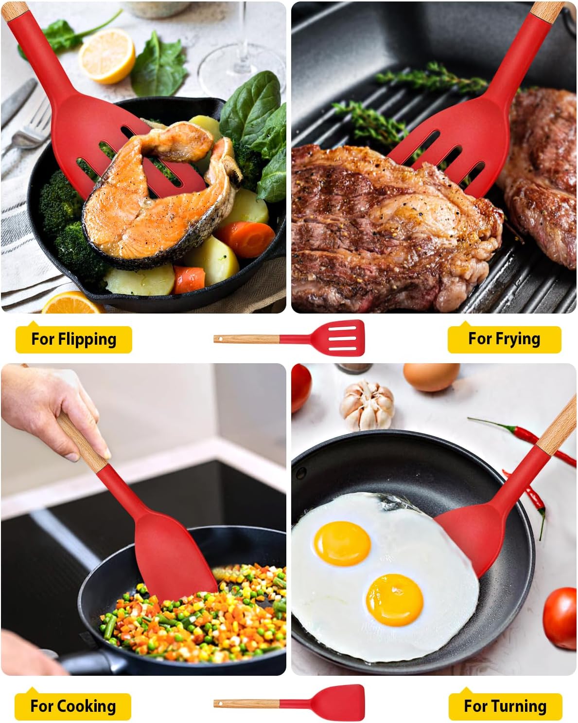Pack of 2 Silicone Cooking Spatula, Heat Resistant Solid Turner, Non Stick Slotted Spatulas with Wooden Handle,Ideal Wood Kitchen Utensils Set for Frying, Baking, Flipping, Turning (RED)