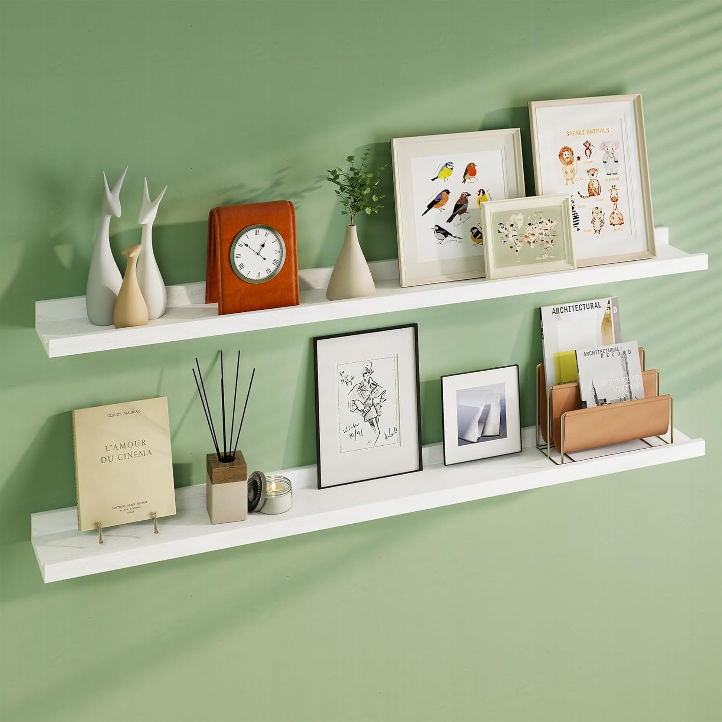 Floating Picture Ledge Shelves 55 Inch Solid Oak Wood Set of 2, Rustic Wall Storage Shelves with Lip, Kids Bookshelf, Photo & Picture Ledge Shelves for Bedroom, Living Room, Kitchen