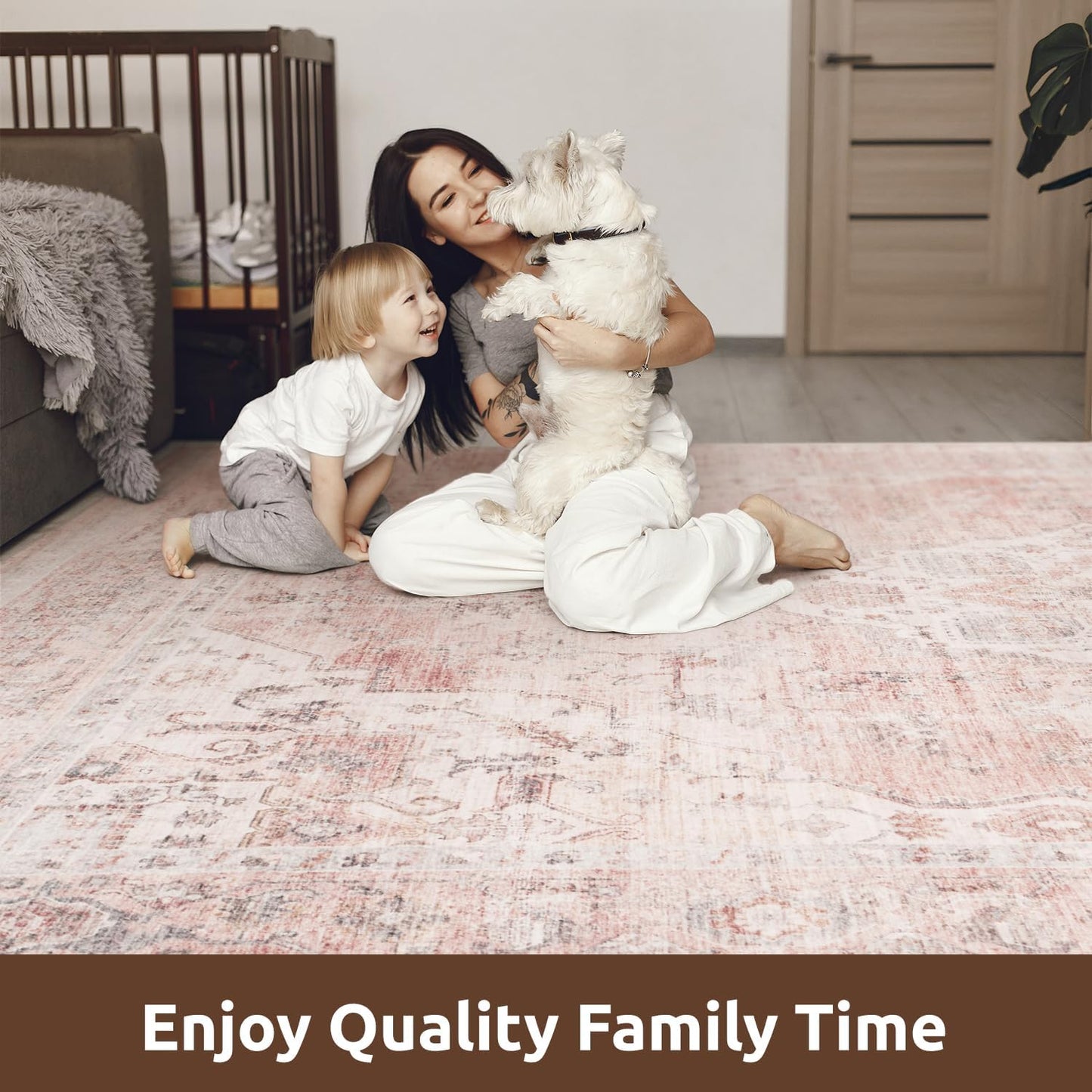 AMOAMI 4x6 Soft Vintage Area Rug - Non-Slip Washable Rug for Living Room, Bedroom, Dining Room, Office - Pink