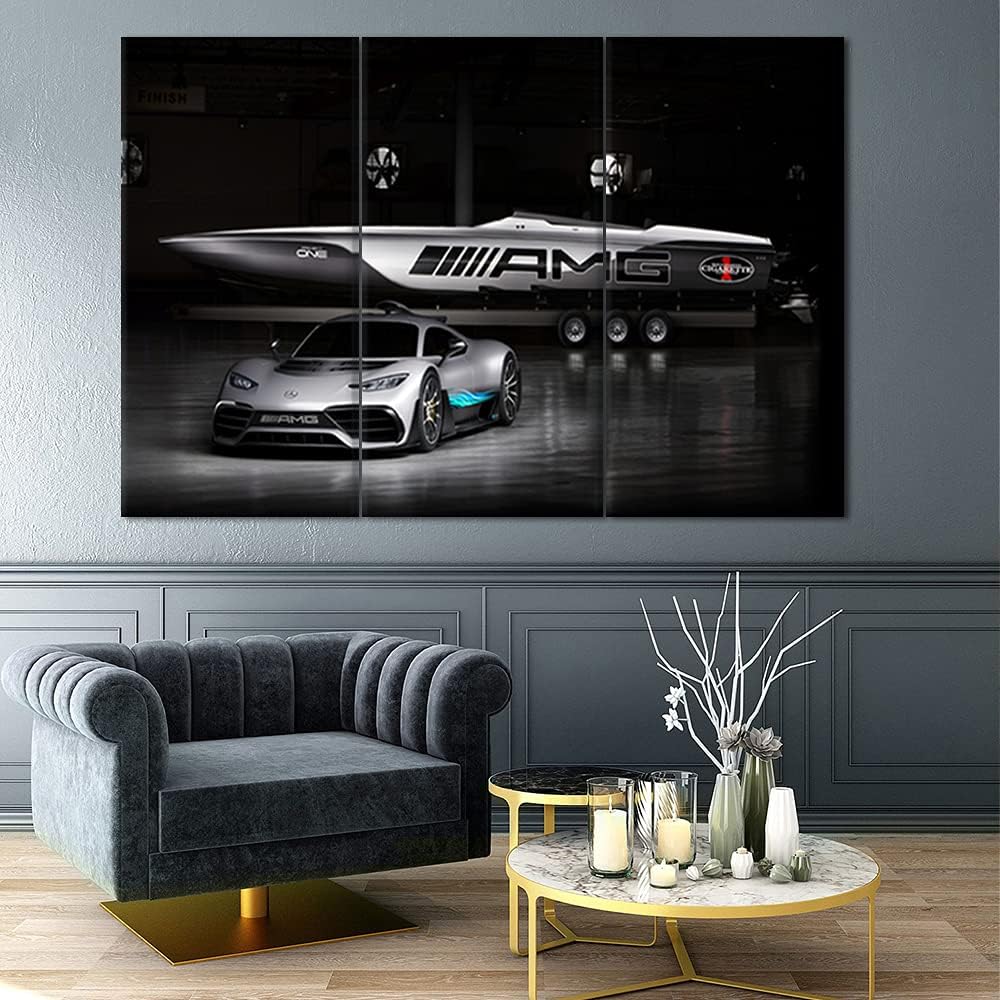 TUMOVO Sports Car Canvas Wall Art 3D Model Design On Black Background Picture Painting for Home Decoration Stretched Canvas and Ready to Hang - 28 x 14inch x 3 Panels