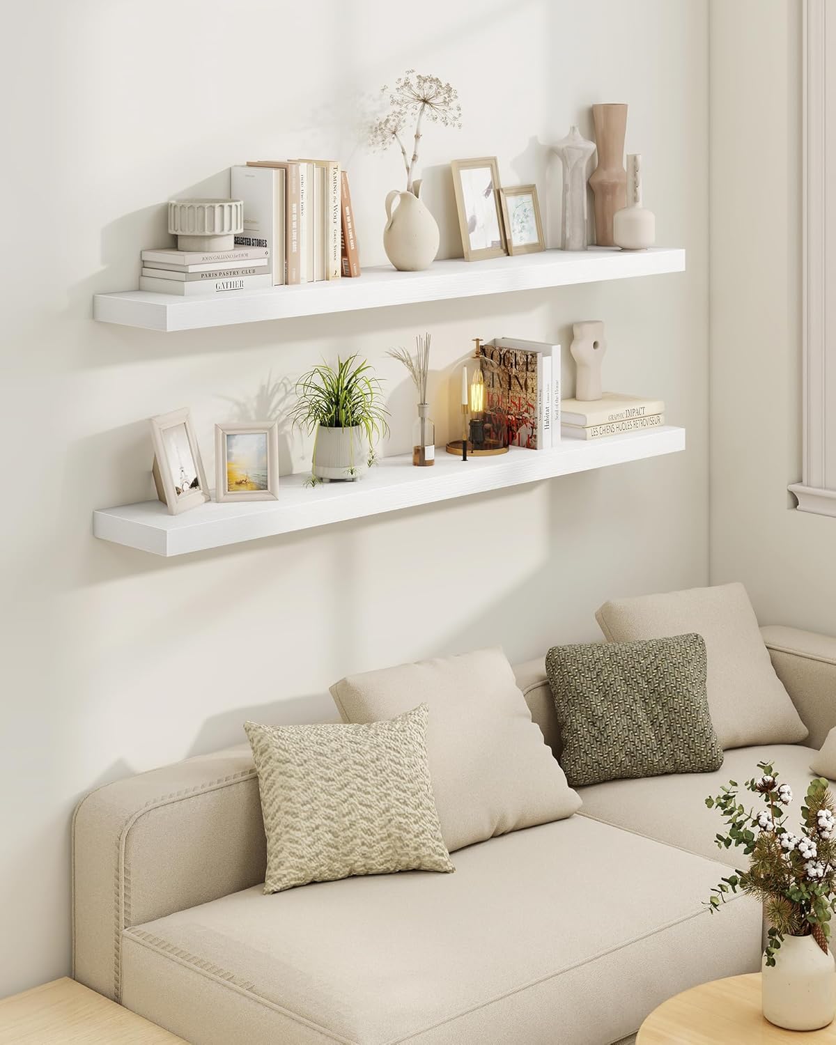 Marsmiles 36" Floating Shelves for Wall, Wooden Shelves with Invisible Brackets Set of 2, Rustic Farmhouse Wall Mounted Shelf for Kitchen Bathroom Living Room Study, White