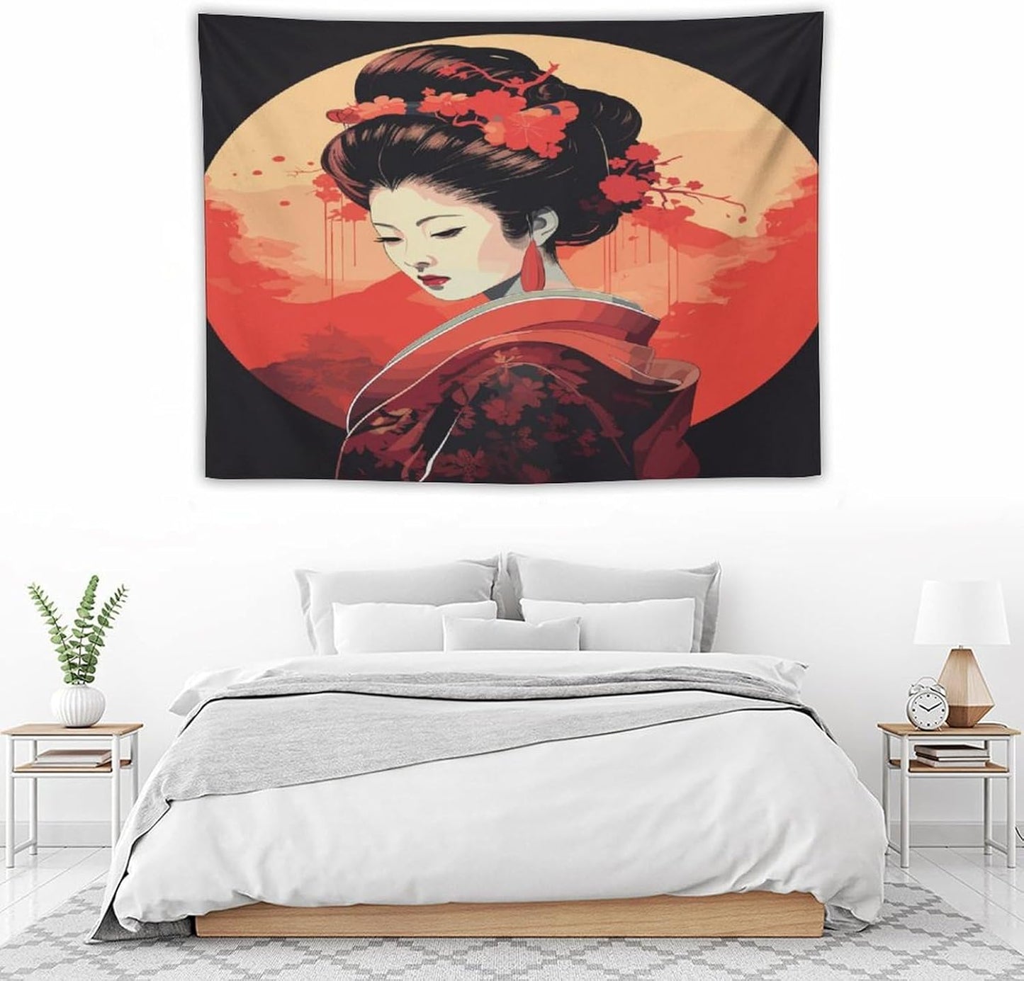 Japanese Woman Geisha Tapestry Asian Cherry Blossom Red Sun Traditional Kimono Folk Tapestries Home Decor for Living Room Bedroom Apartment Farmhouse Dorm 40"x30"