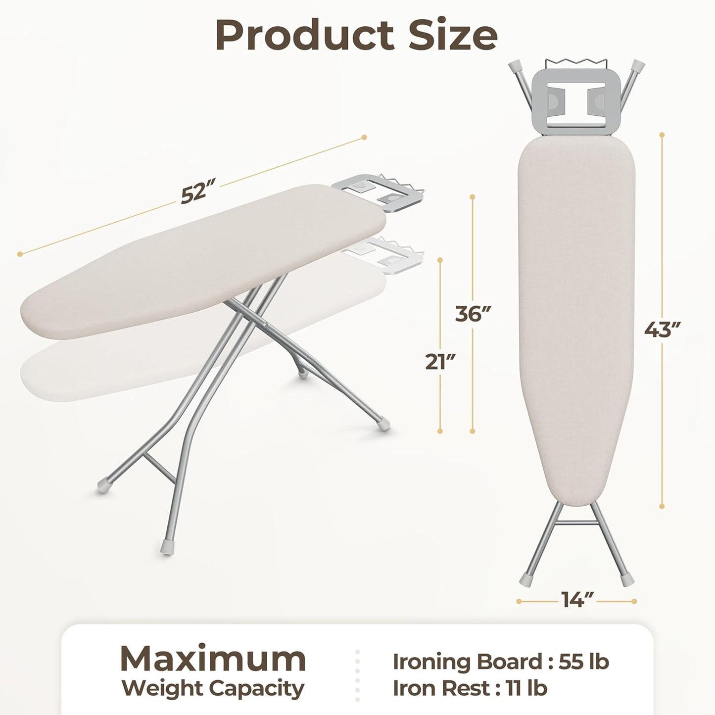 Yaheetech Foldable Ironing Board, Heavy Duty Iron Board with 9 Adjustable Heights, 4 Layer Cover and Safety Iron Rest, 52X14 Compact and Space Save Iron Board for Home Laundry Room Use, Beige