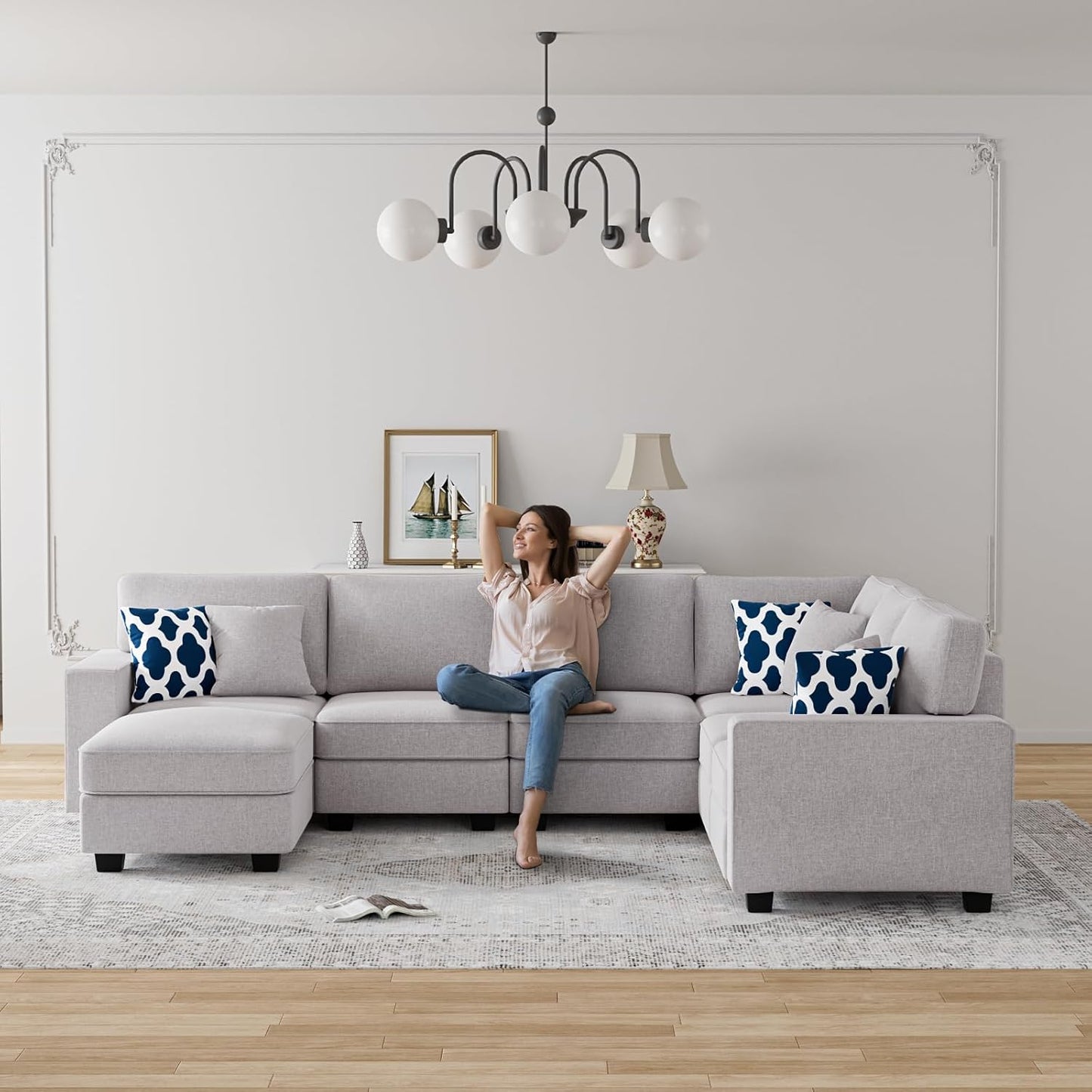 L Lengend Vansen Modular Sectional Sofa U Shaped Couch with Ottoman Modern Reversible Corner Sectional Couch for Living Room (Light Grey, U Shaped Sofa-2)