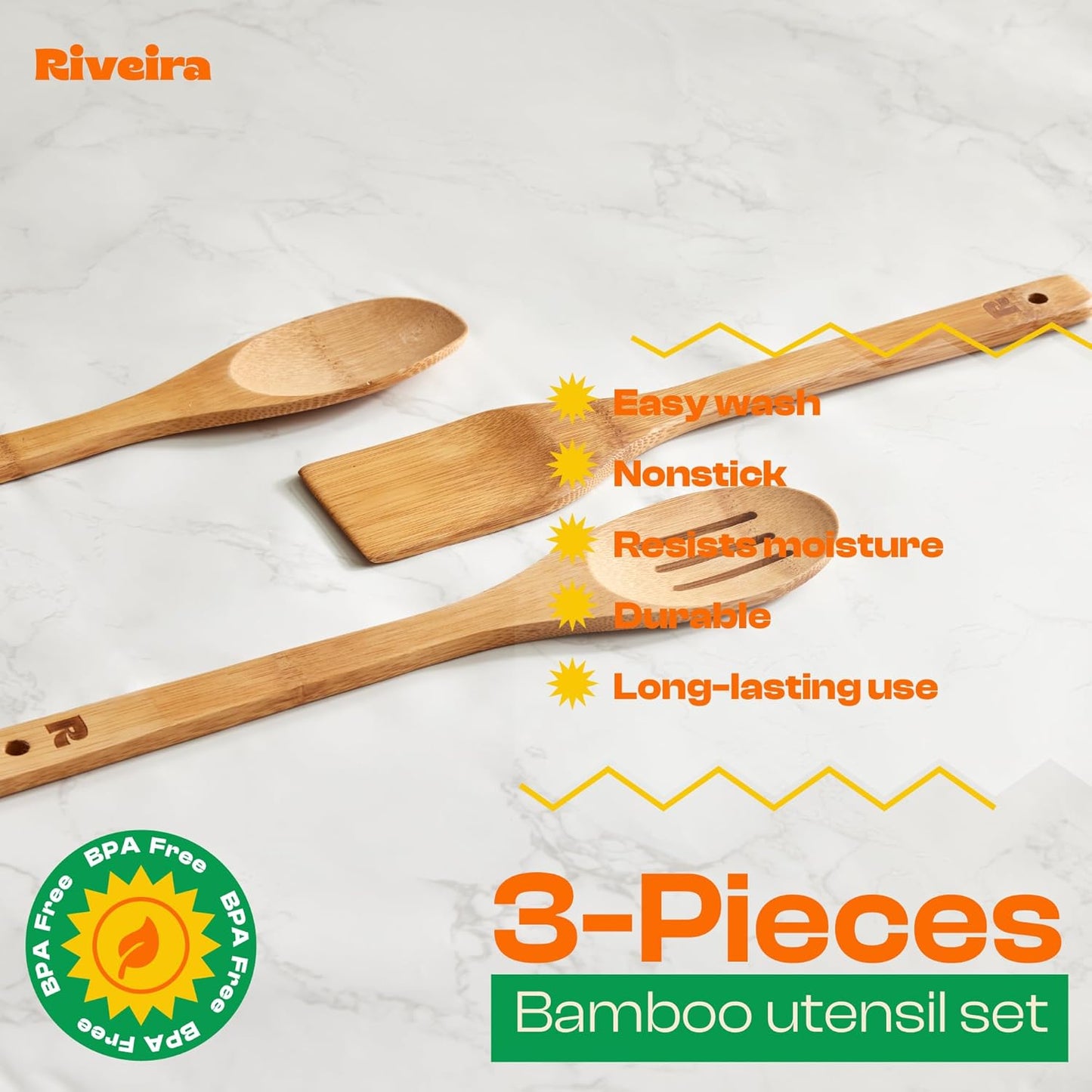 Riveira Dark Bamboo Wooden Spoons for Cooking 3-Piece, Apartment Essentials Wood Spatula Spoon Nonstick Kitchen Utensil Set Premium Quality Housewarming Gifts for Everyday Use