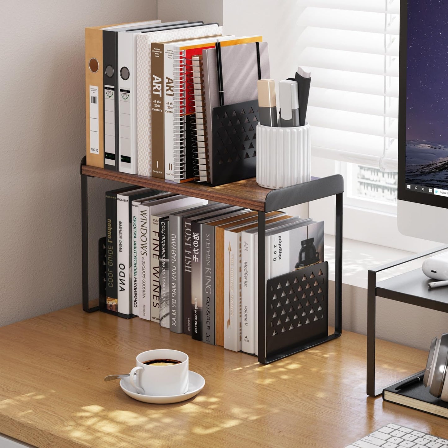 Mitus Shelf Organizer and Storage, Tiered Wood Cabinet Rack for The Kitchen Counter, Bathroom Counter, Pantry Cupboard, Office Desk Bookshelf, 12" Wide Walnut Brown and Black (Large)