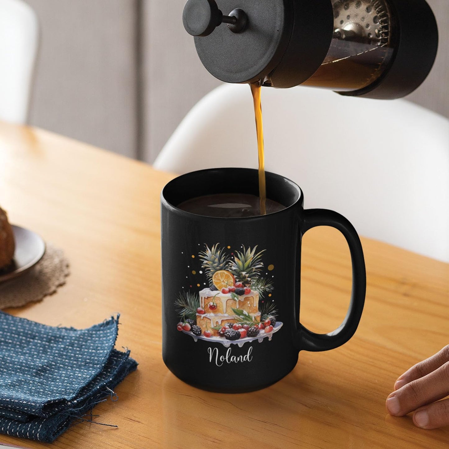 Personalized Christmas Decorative Mug - Fruit Cake Design Coffee Cup for Cake Lovers - Customized Black 11oz/15oz Cup for Daughter