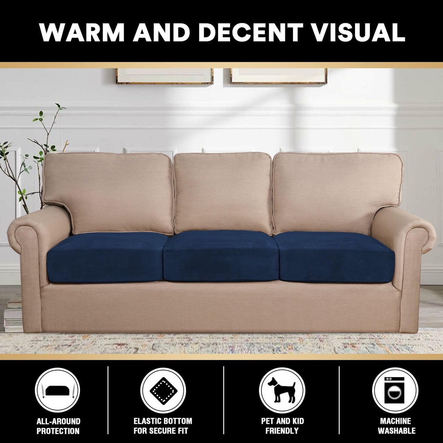 PrinceDeco Velvet Couch Cushion Covers 3 Pieces Velvet Separate Couch Cover Stretch Sofa Slipcover Washable Furniture Protector for Sectional Sofa(Each Width Up to 40", Navy)